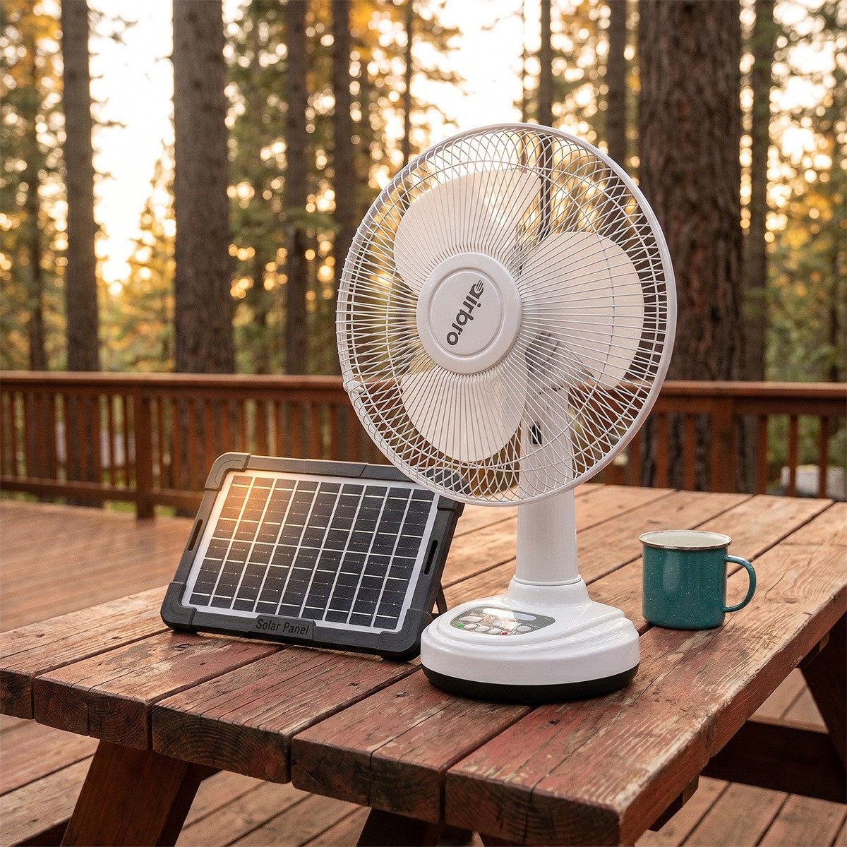 12″ Solar Rechargeable Desk Fan 2-Speed Portable Camping Fan + 2 LED Light Bulbs
