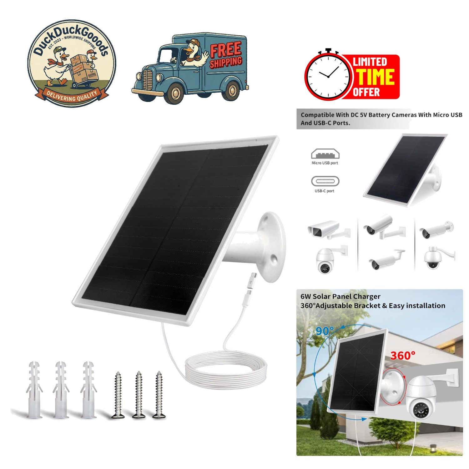 Monocrystalline 6W Solar Panel with USB-C & Micro USB Power for Outdoor Cameras