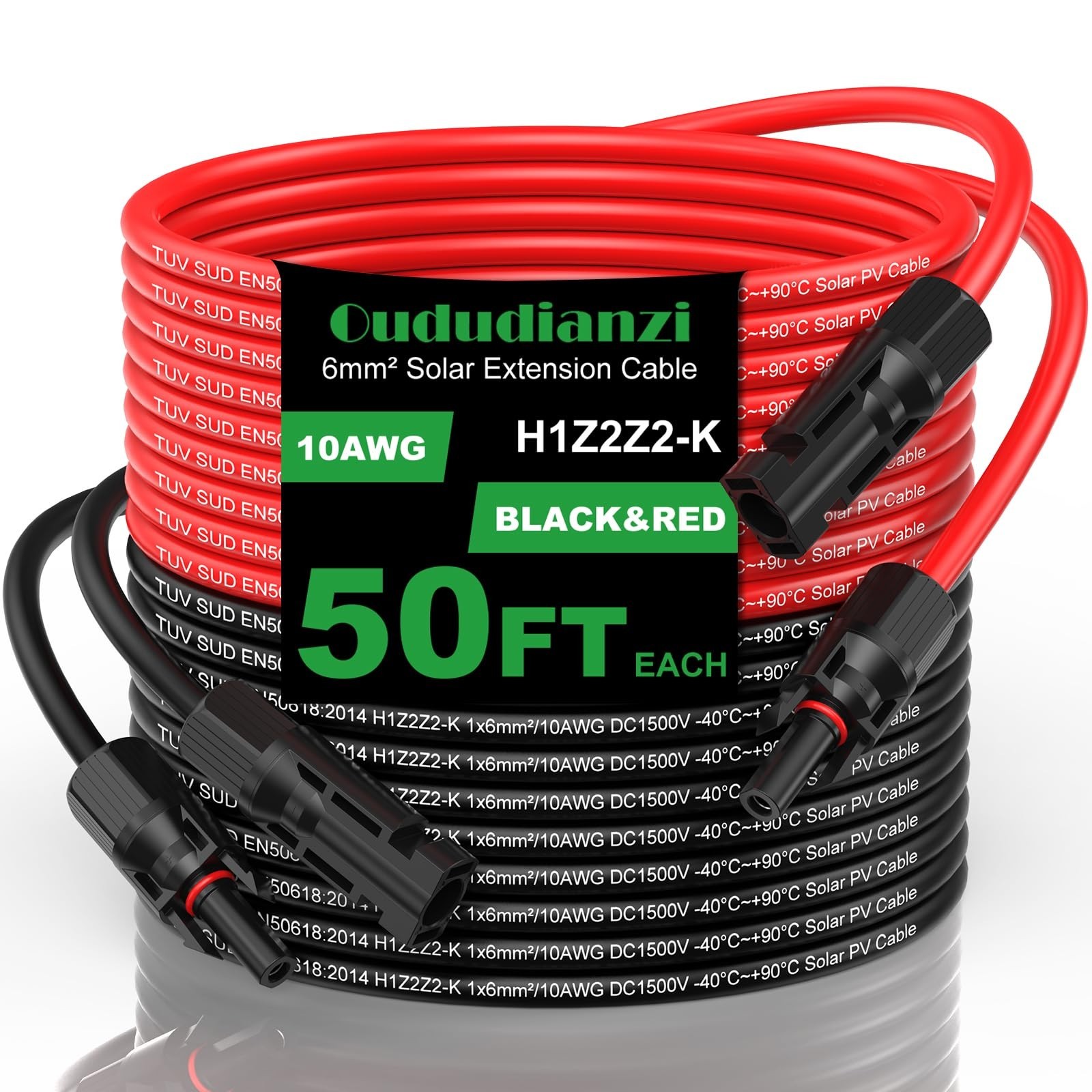 50Ft Solar Extension Cable 10AWG Tinned Copper Wire for Solar Panels, RV, Boat,