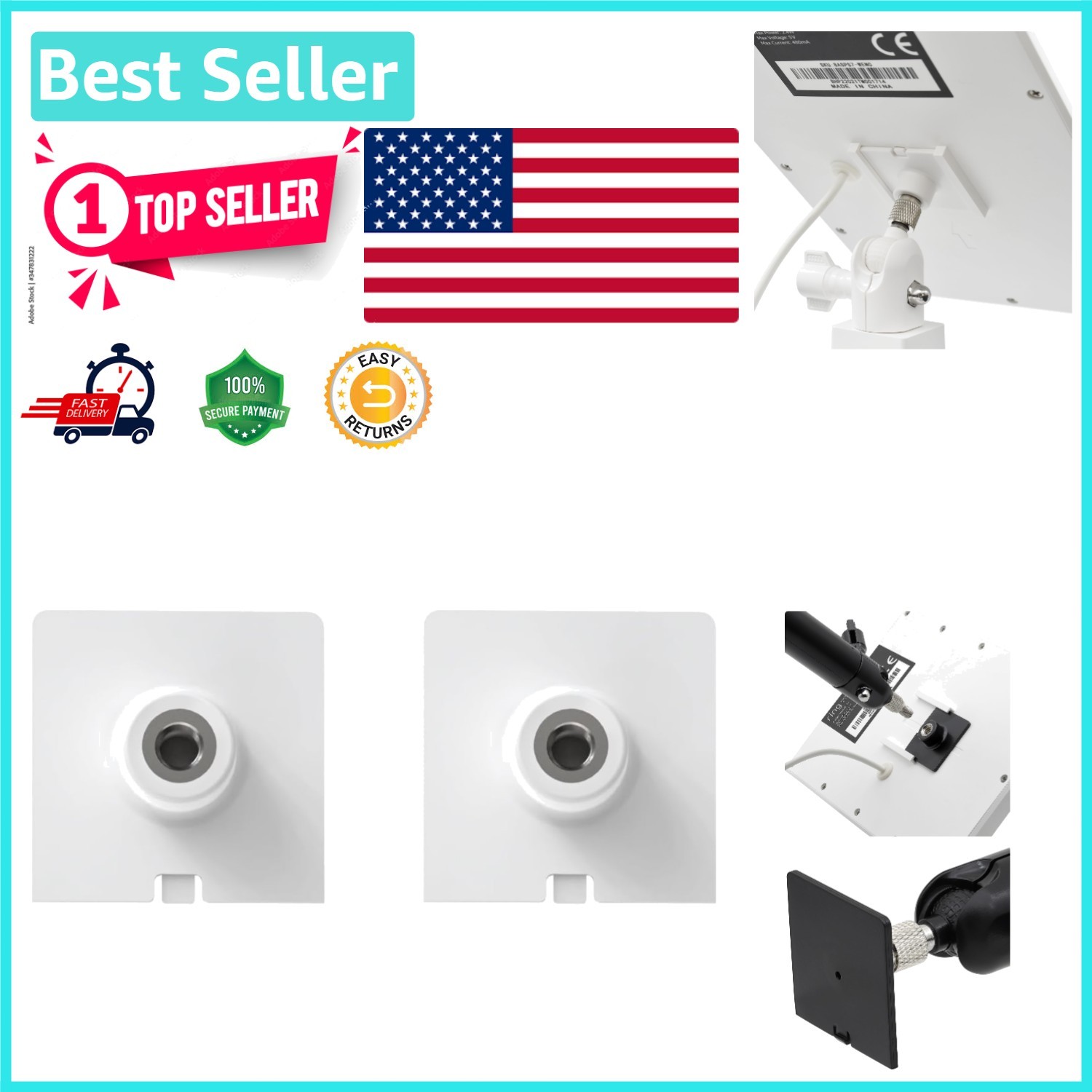 Secure 1/4 Inch Threaded Mount Adapters for Ring Solar Panels – White, 2 Pack