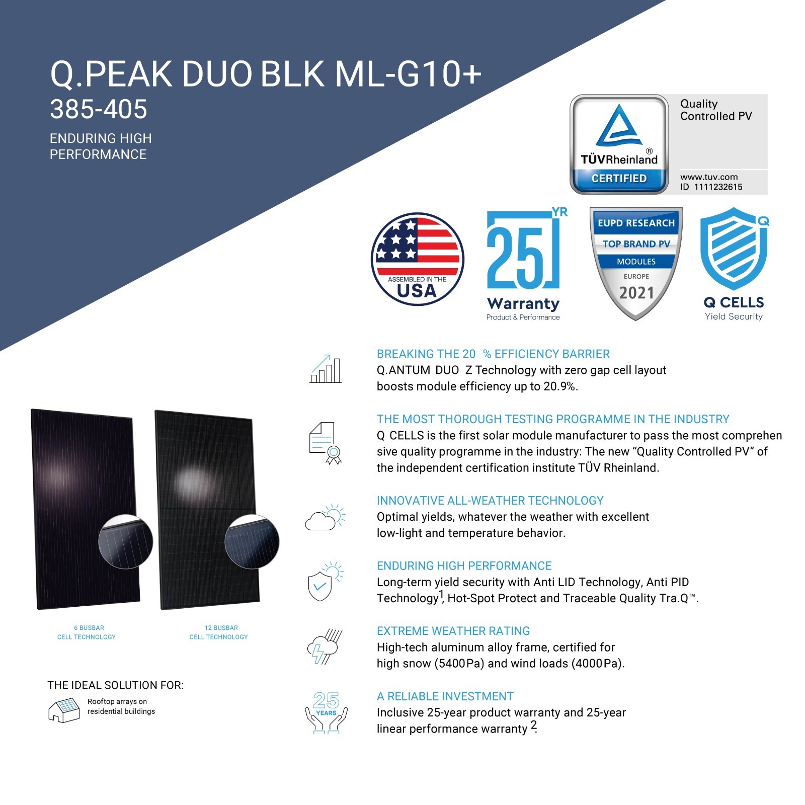 Q.PEAK DUO BLK ML G10+ 405W Solar Panel, High Performance, Energy Efficient