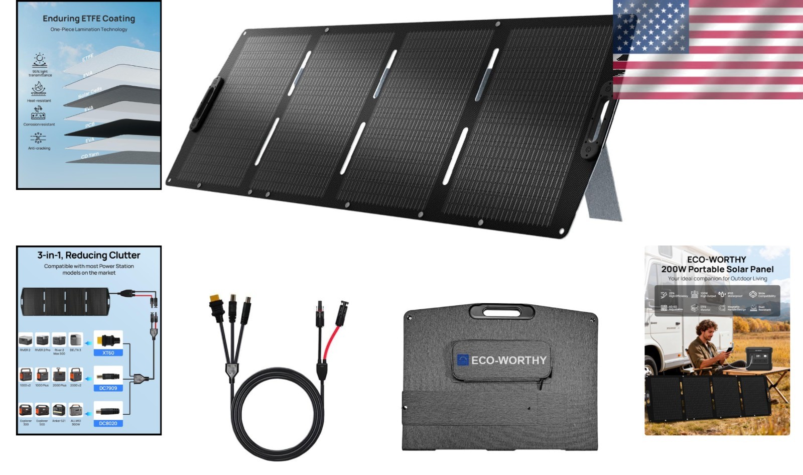 High Efficiency 200W Solar Charger – Waterproof, Portable & Adjustable Kickstand