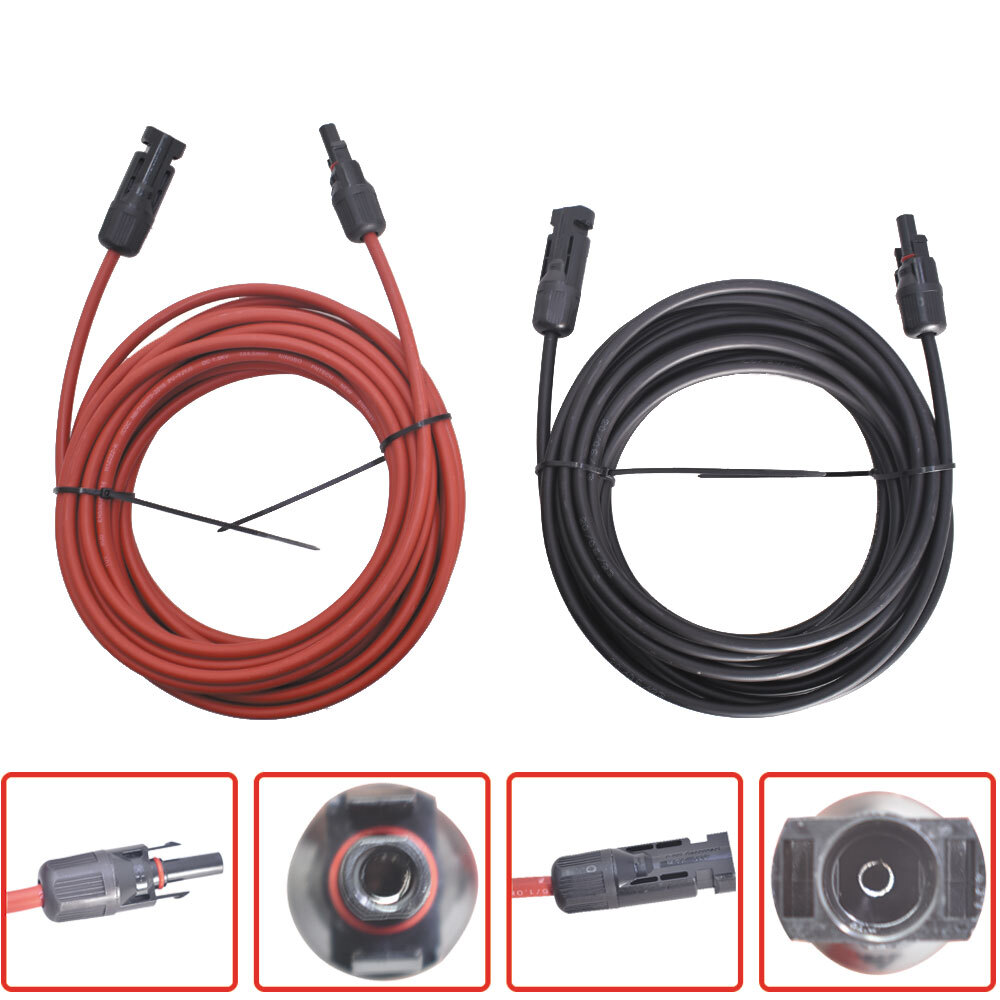 New Solar Panel Extension Cable Wire Connector 1 Pair 30ft Black + Red 12AWG