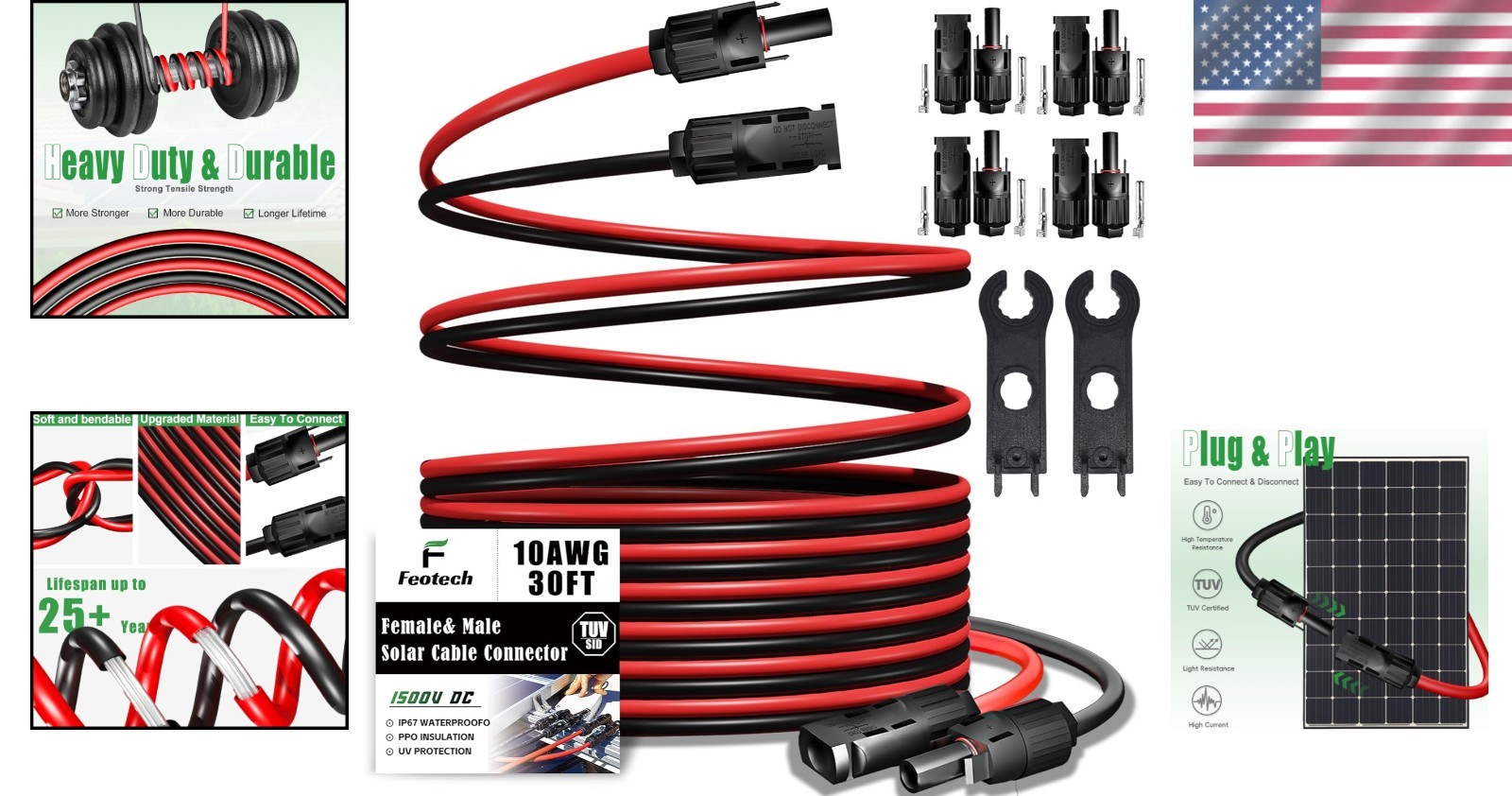 Multi-Use 30FT Solar Extension Cable – 10AWG with Weatherproof Connectors