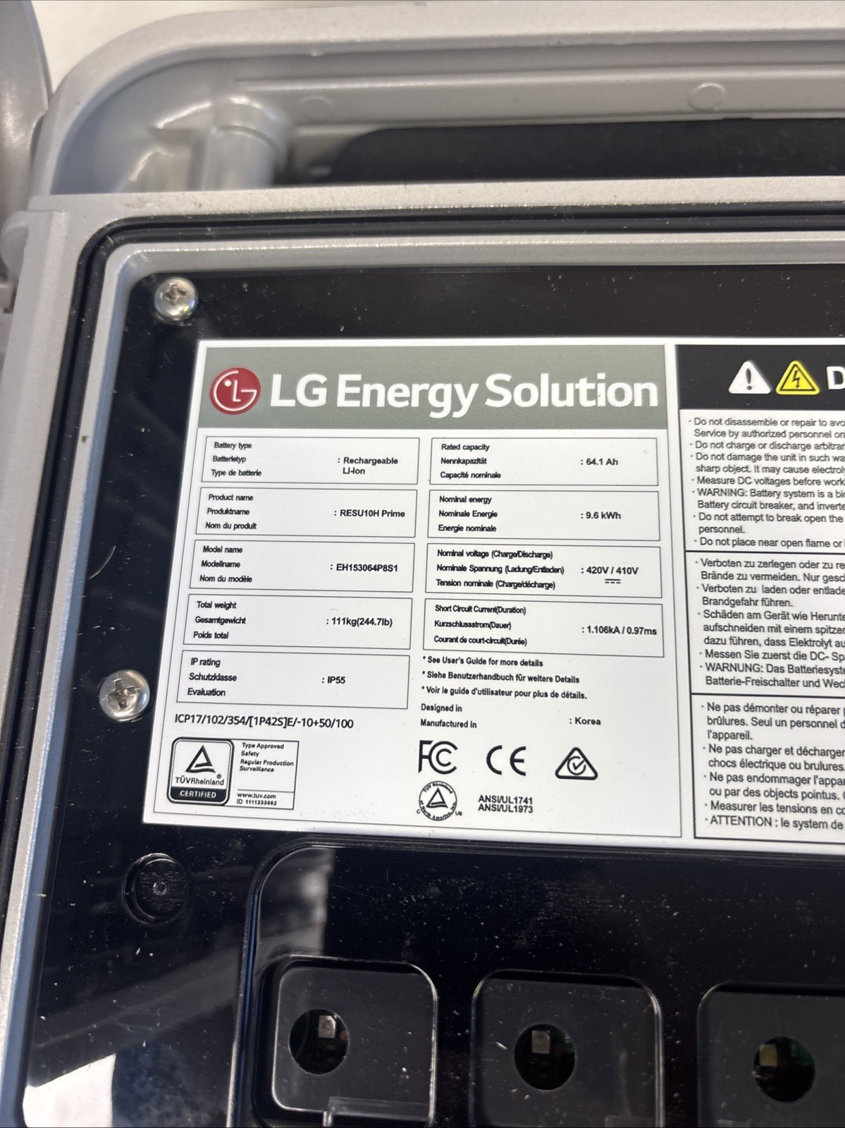 LG Energy Solar HV Battery RESU10H (RESU 10H) 9.6kwh Control Module Only