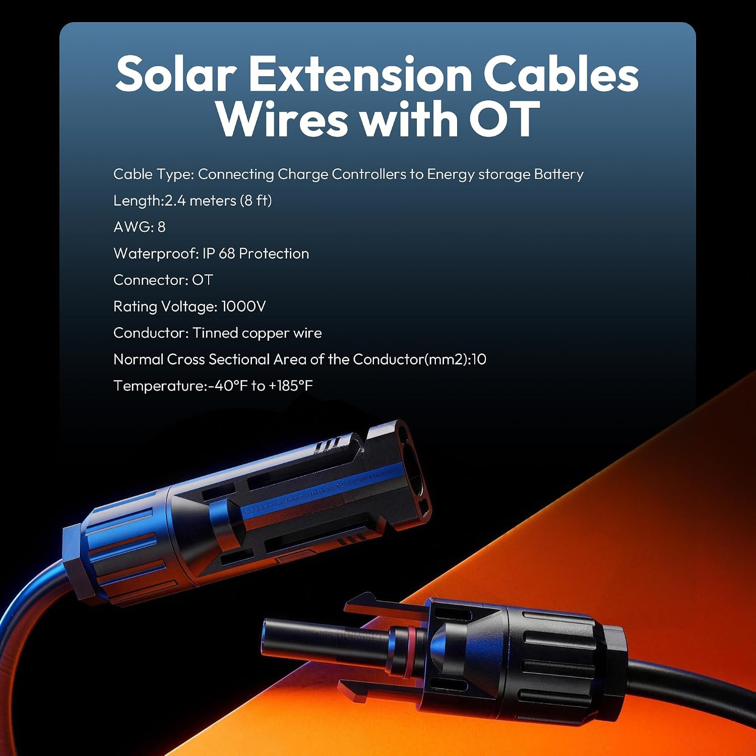 JJN Solar Extension Cable 8AWG 10Mm² 20Feet | MC4 Connector, 8Feet with OT Conne