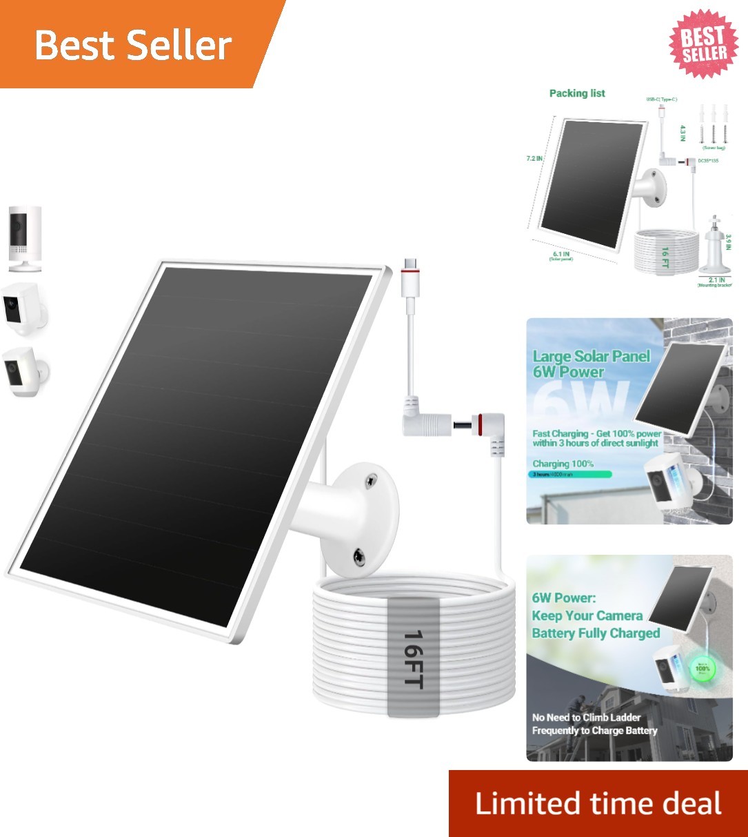 Solar Panel for Ring Camera, 6W Solar Charger with USB-C & Barrel Plug for Ri…