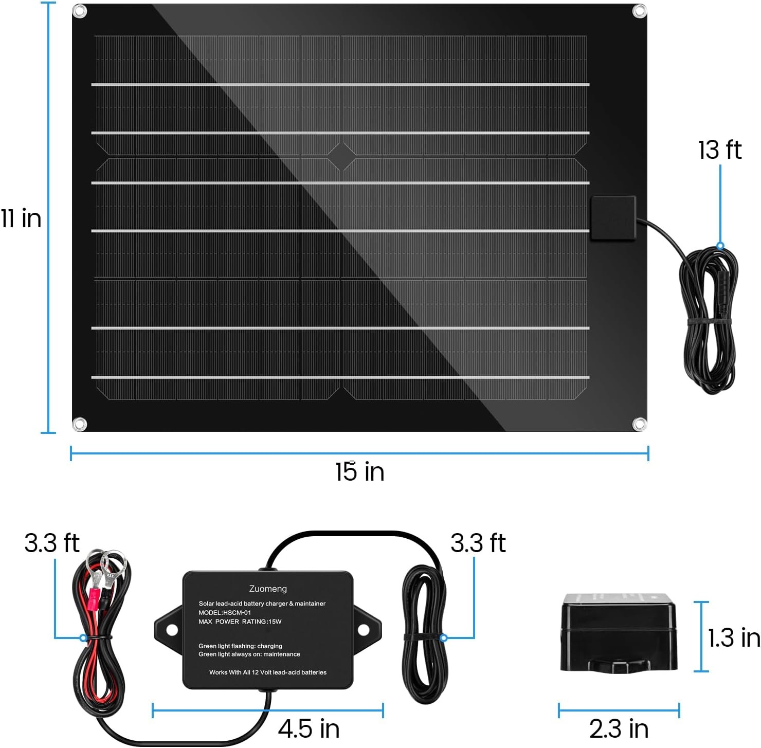 Solar Battery Charger Maintainer, 15W Solar Panel Kit for Dump Trailer Built-In