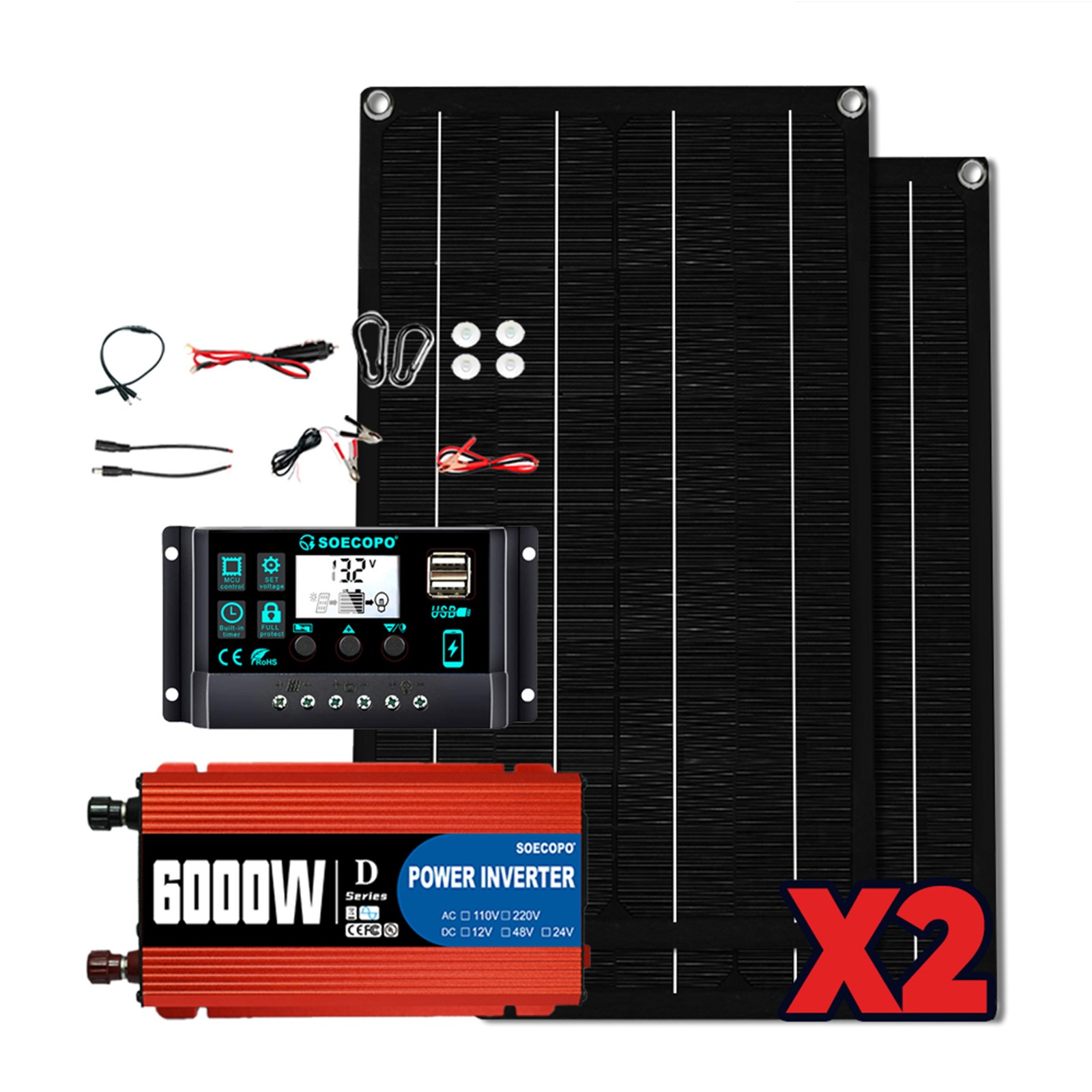 6000W DC to AC Solar Inverter Kit | Includes 2pc Solar Panels &Charge Controller