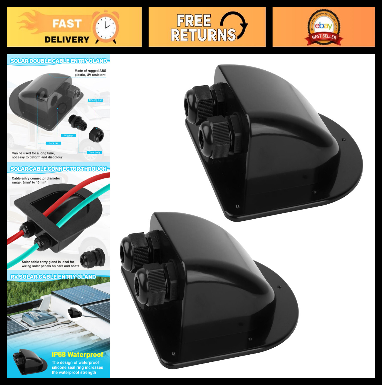 Waterproof Solar Dual Cable Gland Box – 2 Pack, Black, Double Cable Protection f