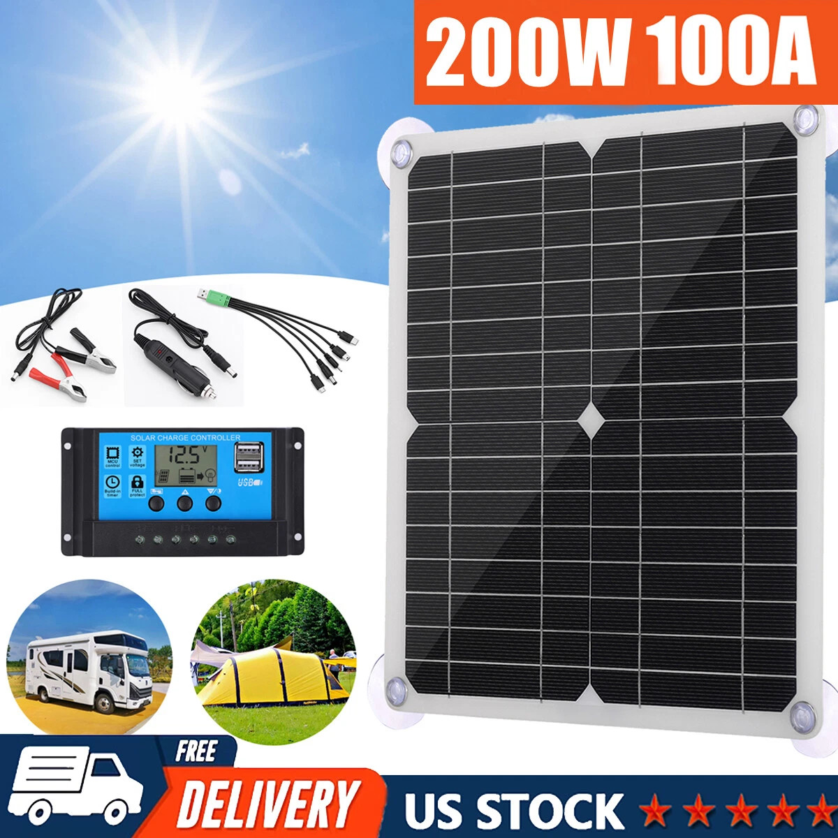 200 Watts Solar Panel Kit 100A 12V Battery Charger with Controller Caravan Boat