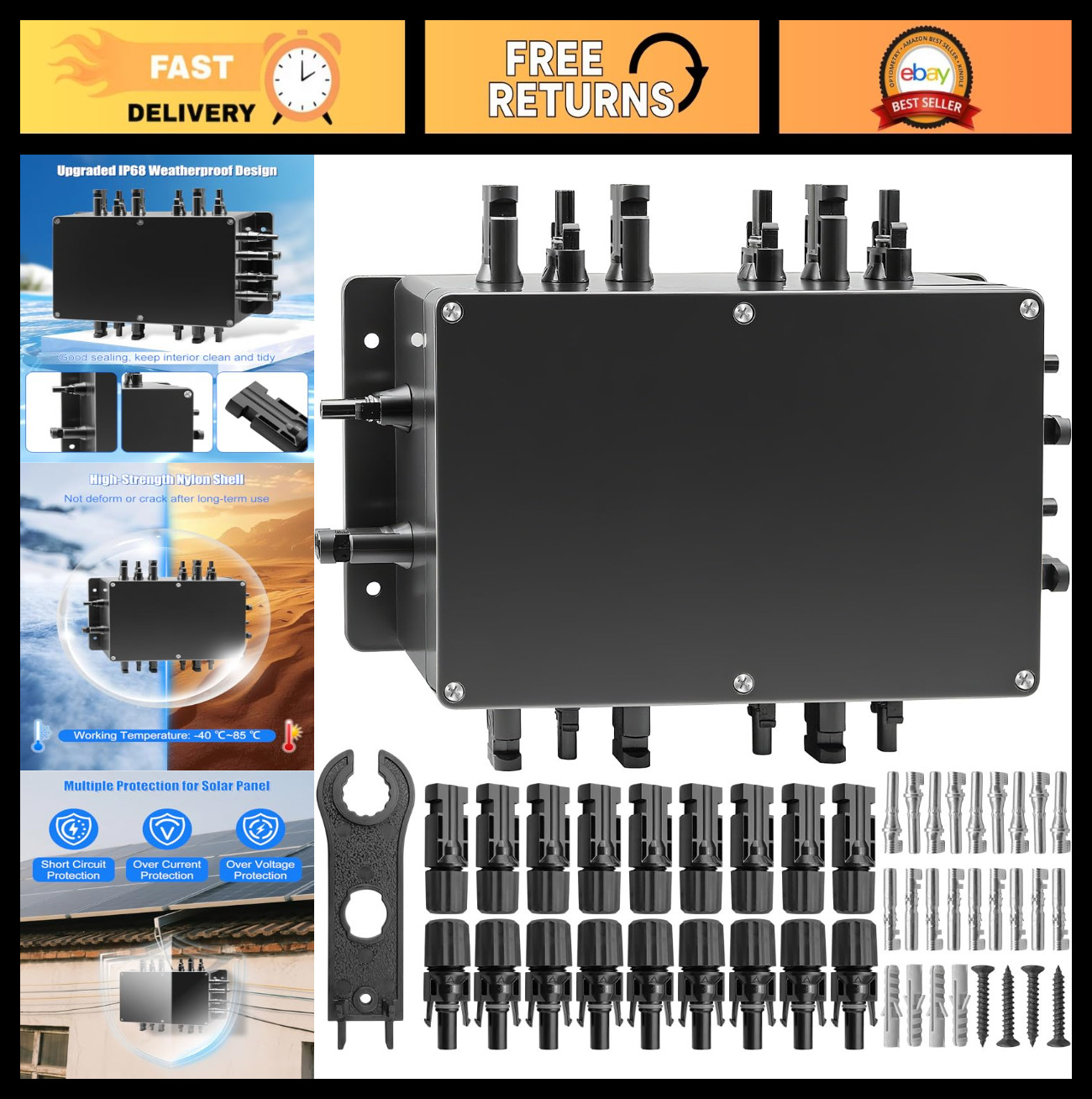 8 String Solar PV Combiner Box, IP68 Waterproof, 30A Fuse, Circuit Breaker for R
