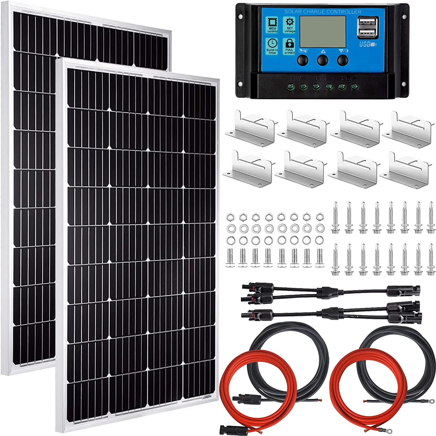 200 Watt 12/24V Solar Panel Kit for RV Boat Home: 2Pcs 100W Monocrystalline Sola