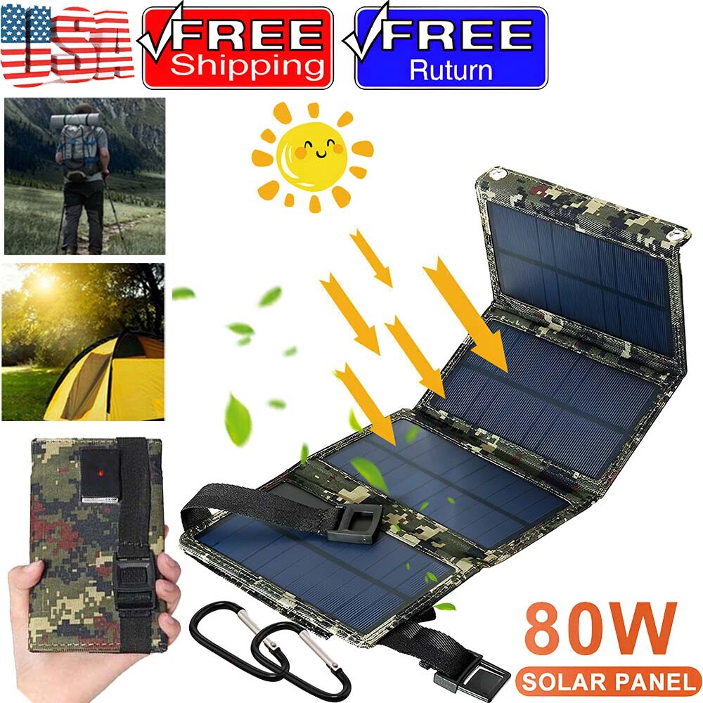 80W USB Solar Panel Folding Charger Outdoor Camping Hiking Phone Power Bank US