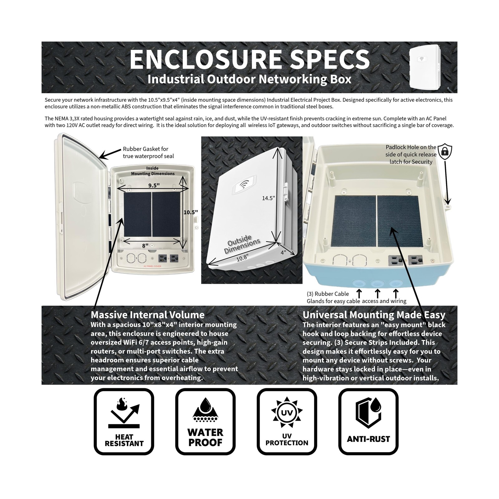 Waterproof Network NEMA Enclosure with AC Outlet 10x9x4 Weatherproof Indoor O…