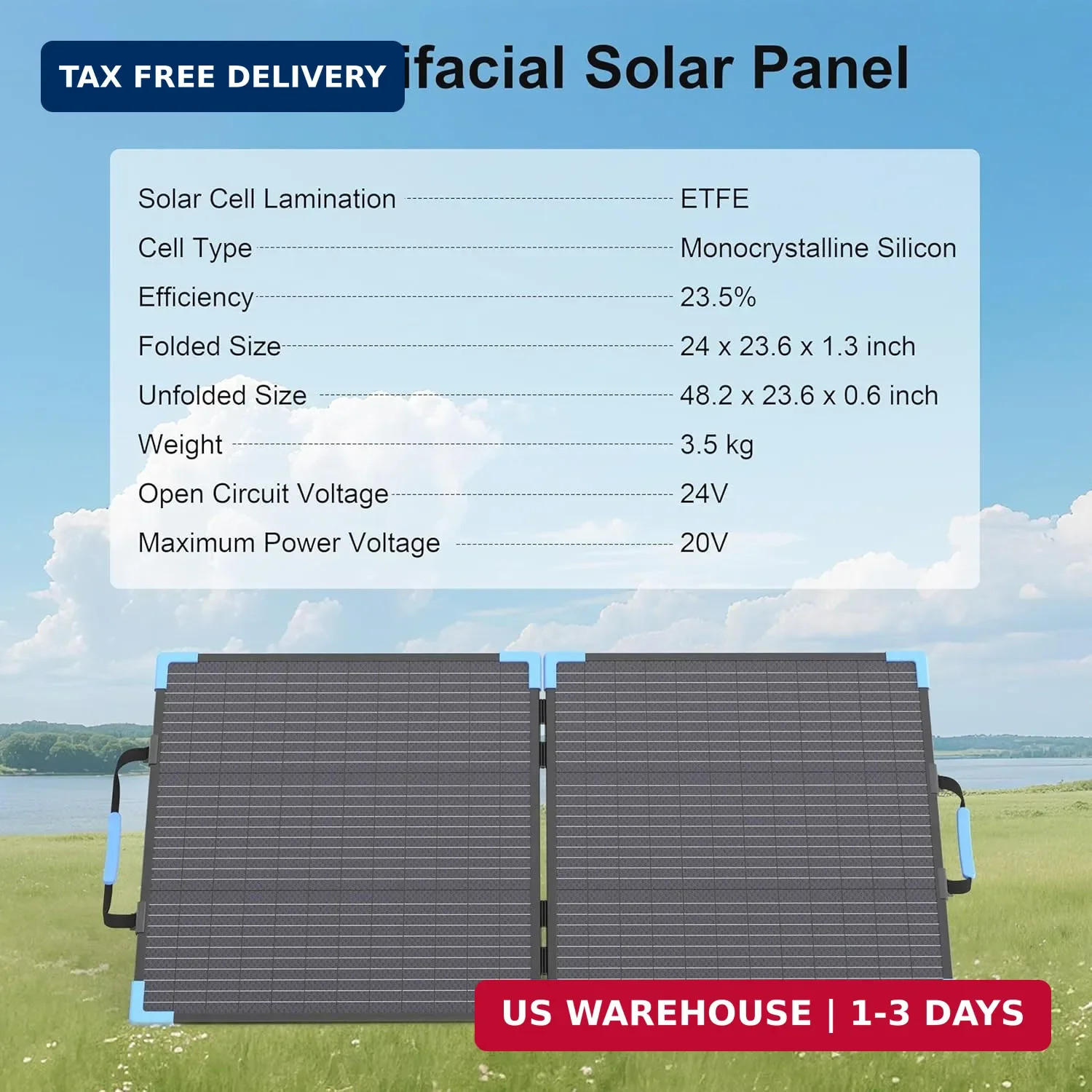 110W Bifacial Portable Solar Panel Suitcase, 23.5% High Efficiency ETFE Foldable