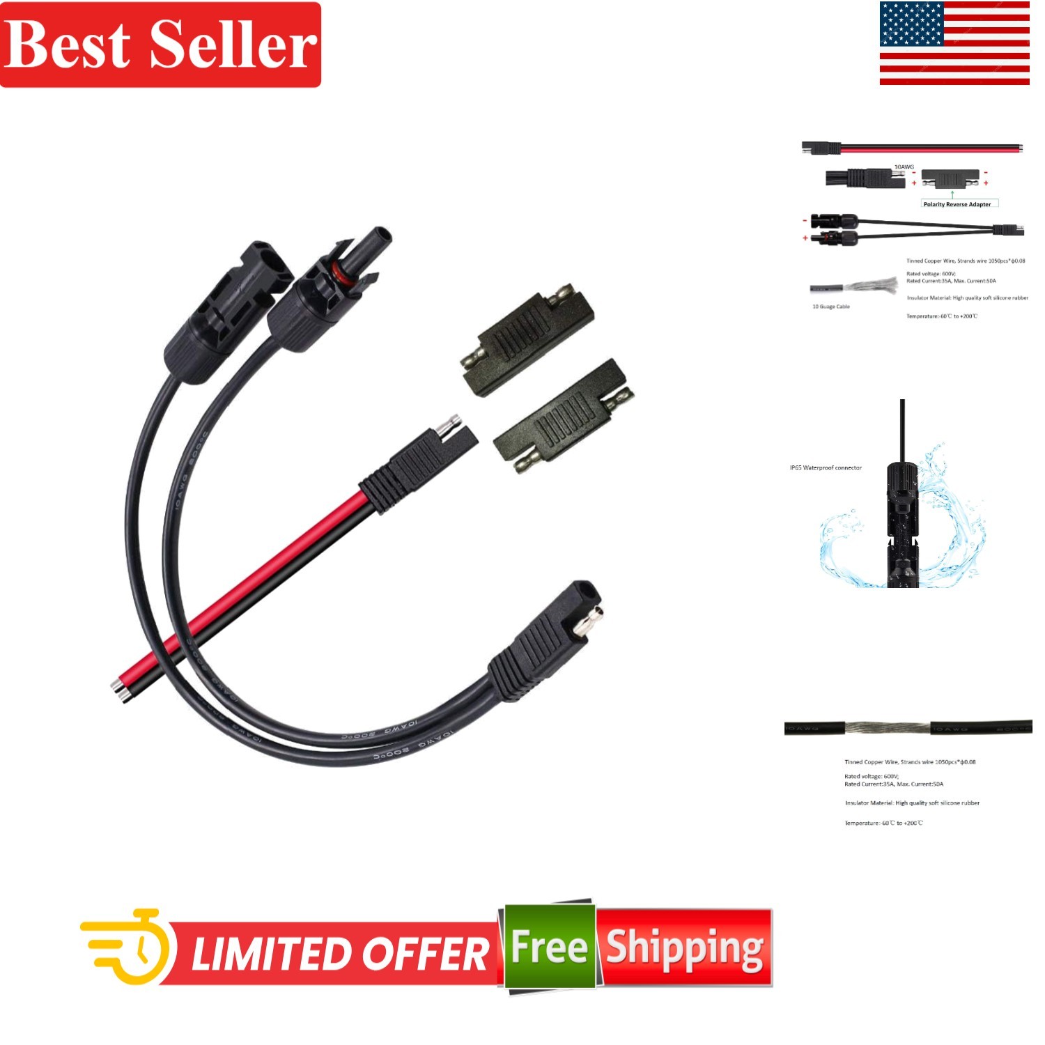 Solar Panel Connectors 10AWG MC-4 SAE Adapter PV Extension Cable for Solar Pa…