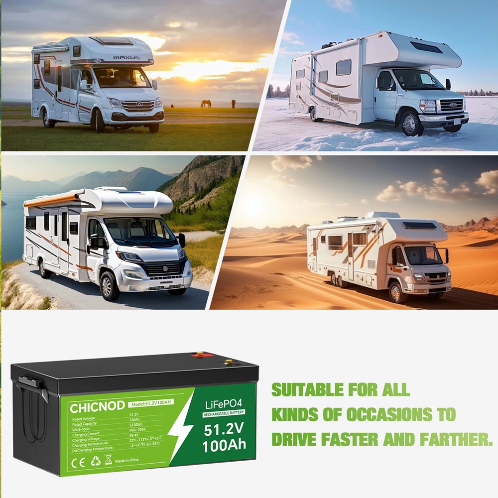 CHICNOD 48V100Ah LiFePO4 Bluetooth Battery w/ 58.4V 20A Charger for Golf Cart RV
