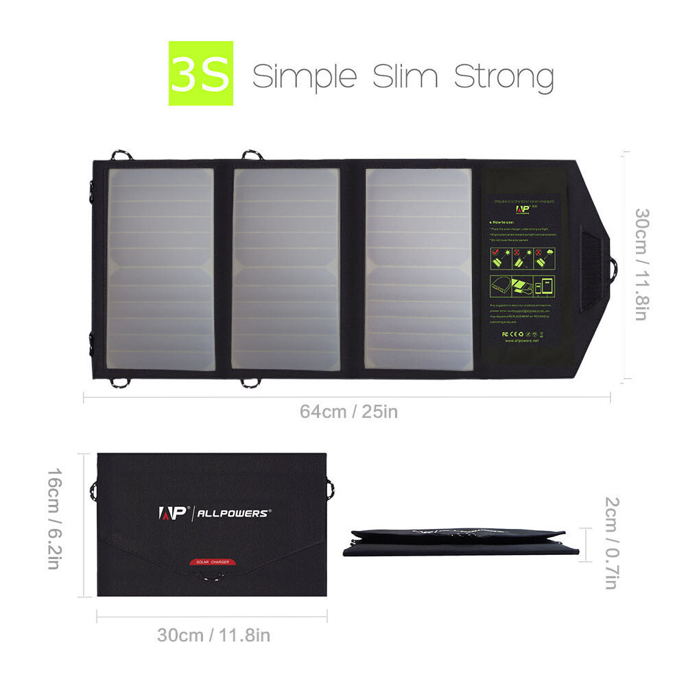 ALLPOWERS Solar Panel 5V 21W Portable Solar Charger USB Output For Camping Hike