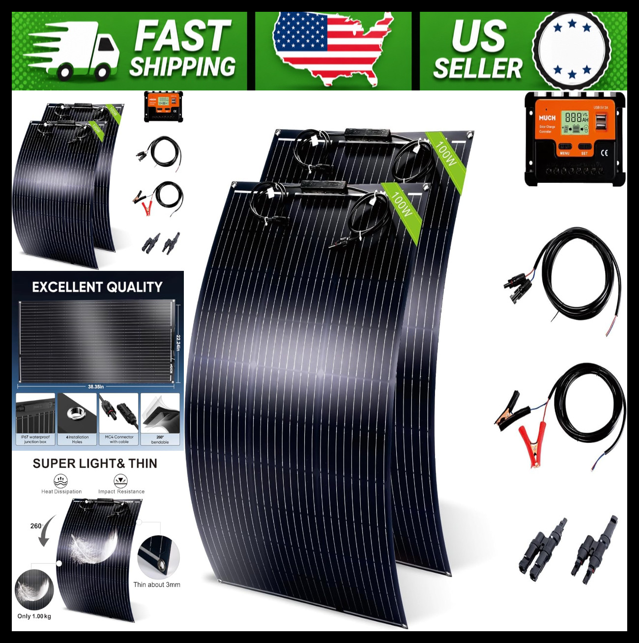 200W Flexible Solar Panel Kit 30A Charge Controller for 12-24V Battery Charging