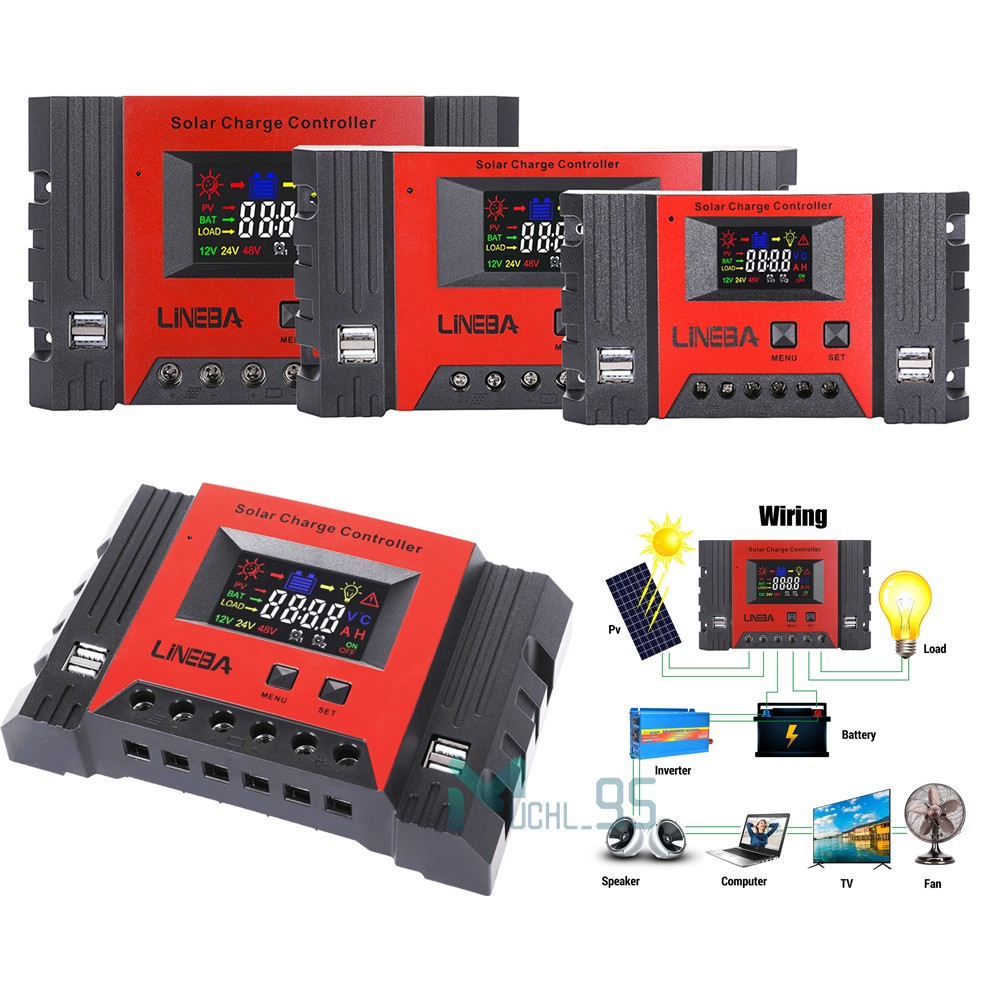30A Solar Charge Controller 100A PWM Regulator for 12V 24V with 4 USB Ports