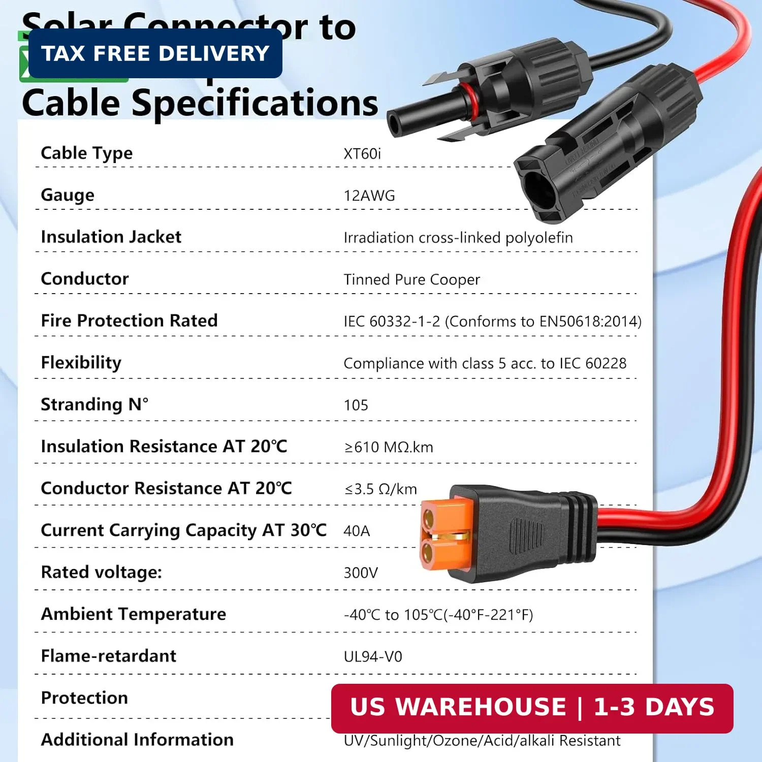 Vansdon Solar to XT60i Extension Cable 12AWG 3FT XT60i Female to Male Connector