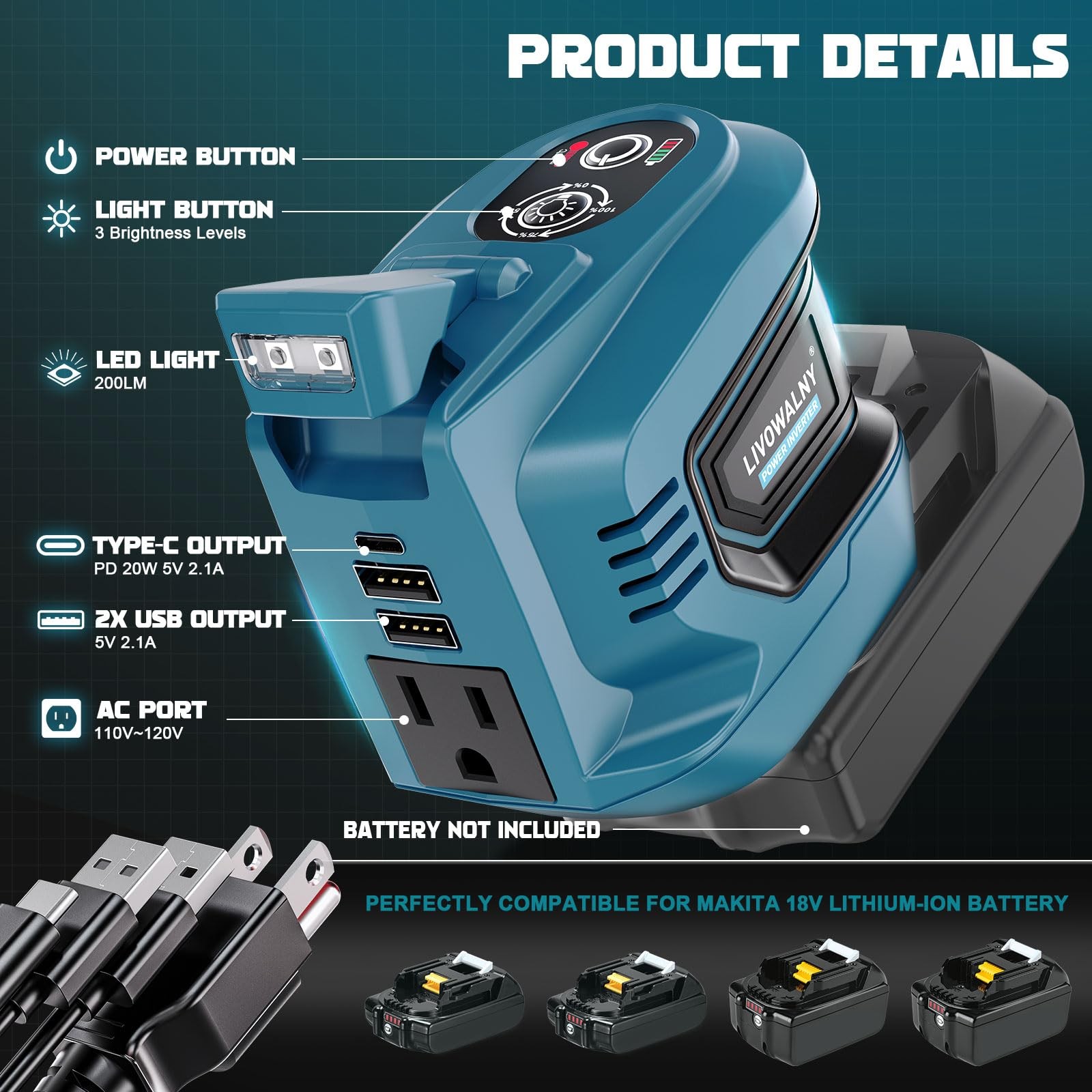 200W Power Inverter for Makita 18V Battery, DC 18V to AC 110-120V(NO Battery)