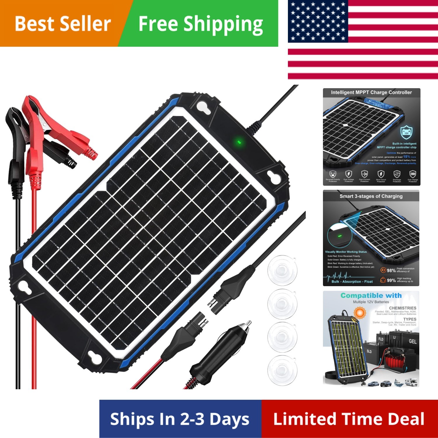Waterproof 12W 12V Solar Battery Charger & Maintainer Pro, Built-in UltraSmar…