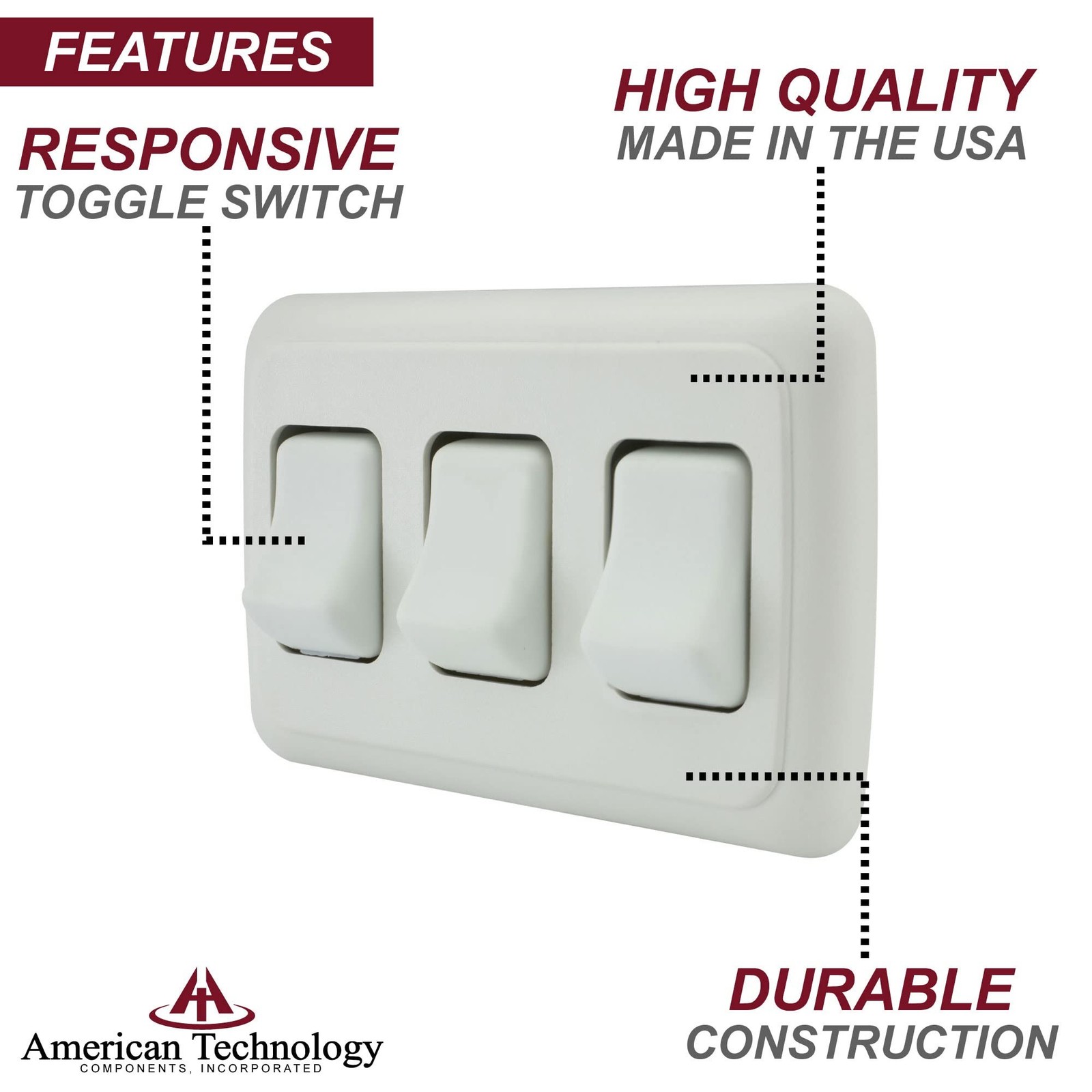 Triple SPST On-Off Switch with Bezel, 12-Volt, for RV, Trailer, Camper (White)