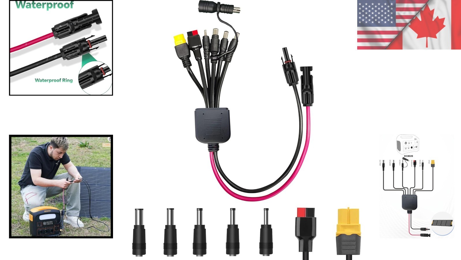Portable 7-in-1 Solar Charging Adapter, DC8020 to DC7909 with Thick 14AWG Cable