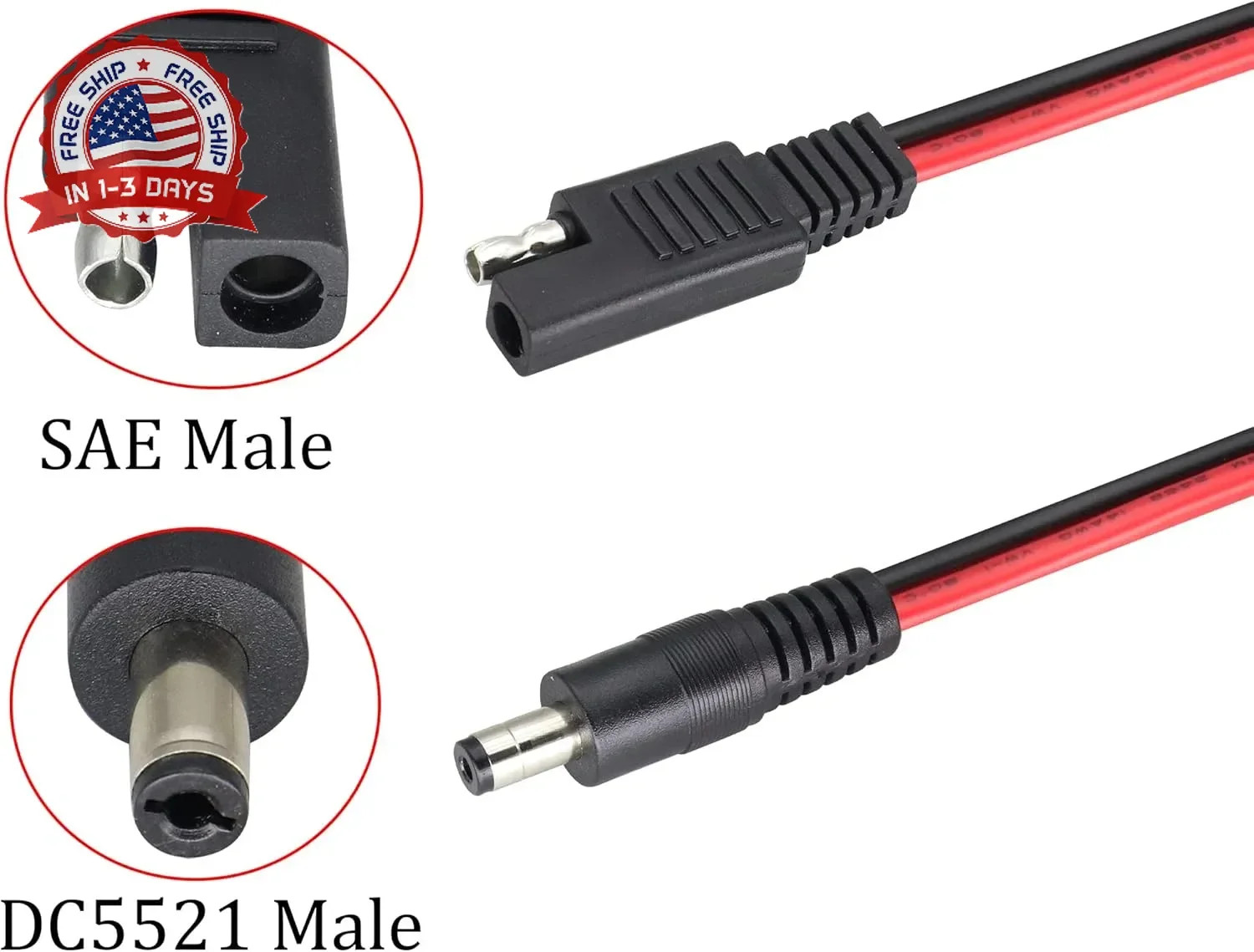 2Pack SAE to DC Adapter Cable SAE Plug to DC 5.5mmx2.1mm Male Connector Cables w