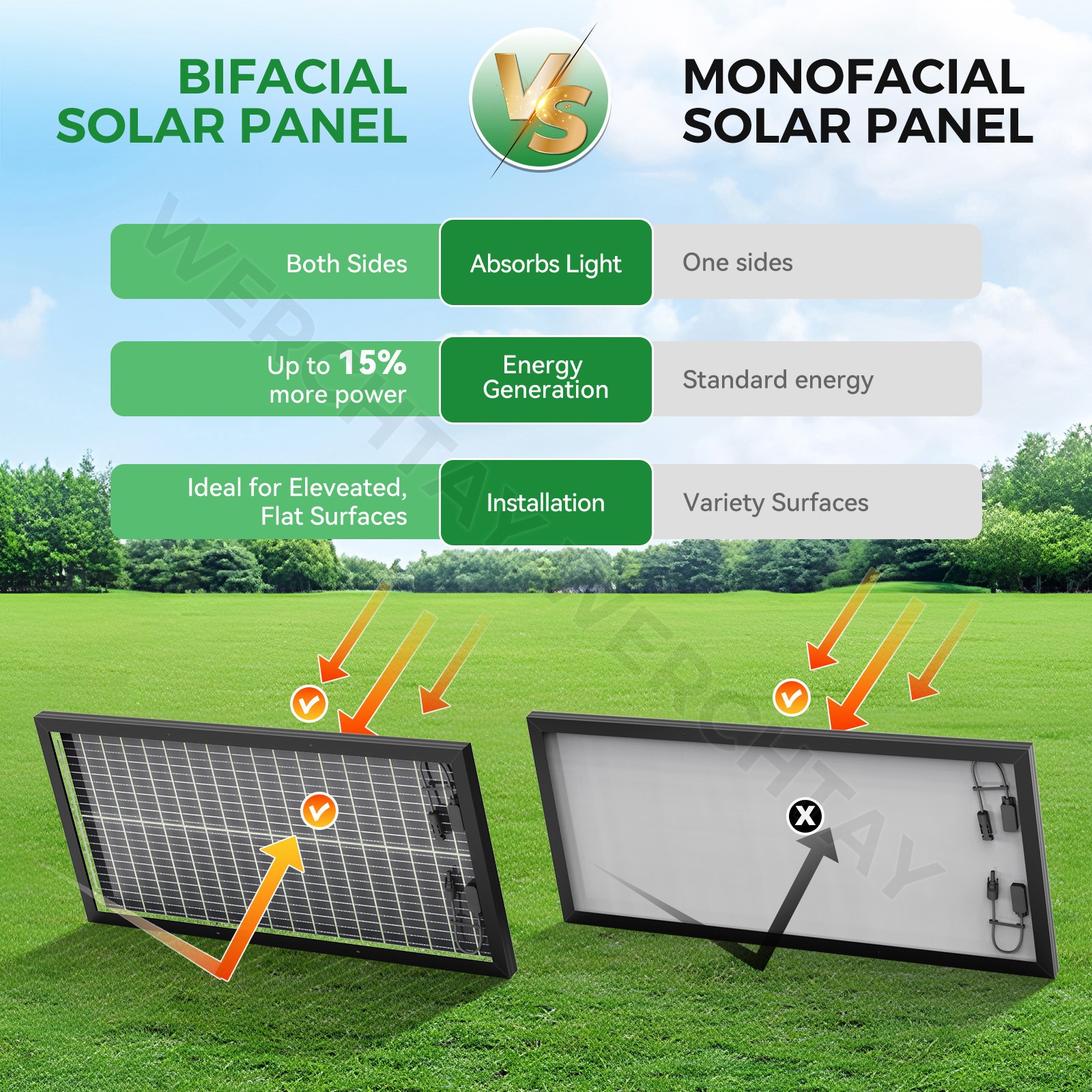 3Pack 100 Watt (300W) Bifacial N-Type Solar Panel 18BB Mono 12V/24V Sunshed home
