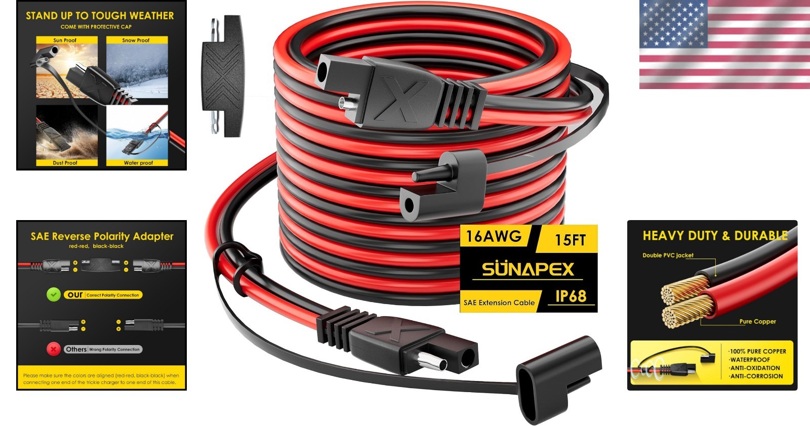 15FT SAE Extension Cable – 30A Waterproof Quick Connect for Automotive & Solar