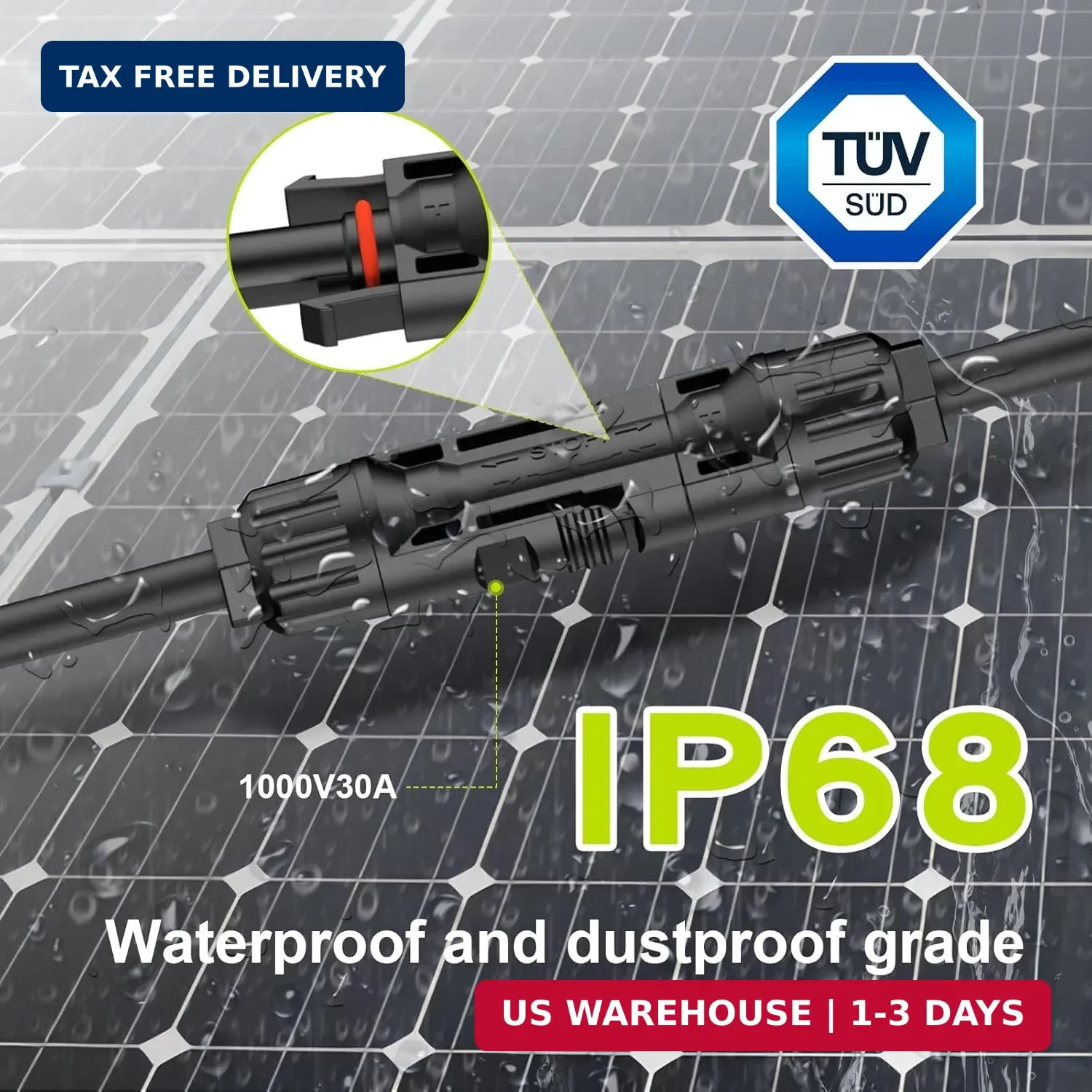 2 Pack Solar Connectors for 2 Solar Panels,Tool-Free Solar Cable Splitter, IP68