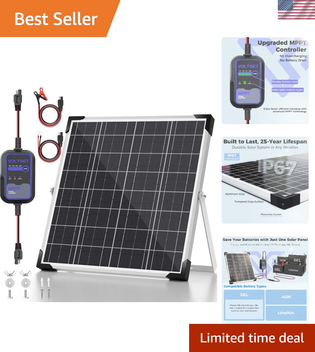 Versatile 20W Solar Panel with MPPT for Reliable Charging of RVs & Motorcycles
