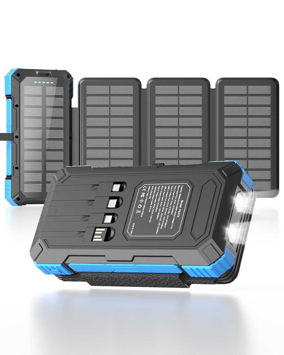 Kepswin Solar Charger Power Bank 49800mAh with 4 Built-in Cables & 3 Foldable Pa