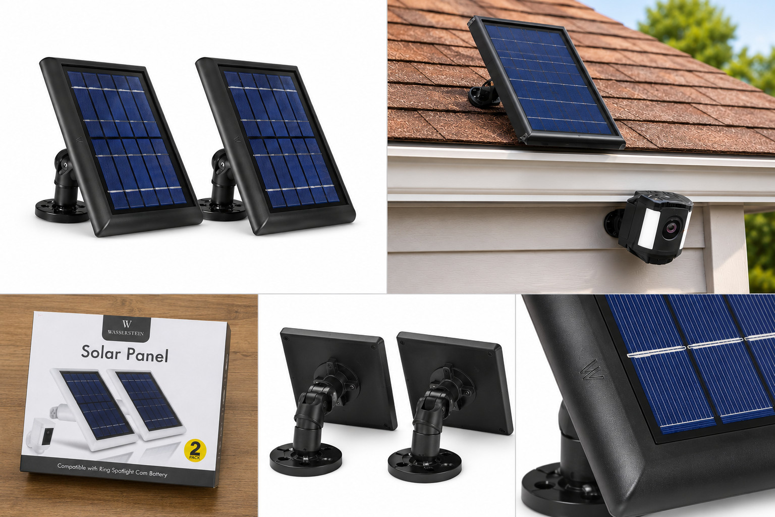 Wasserstein Solar Panel Compatible with Ring Spotlight Cam Battery- Black 2 Pack