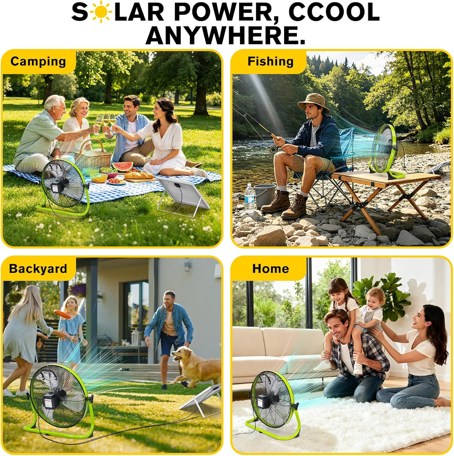 14″ Solar Powered Fan with 20W Solar Panel & Rechargeable Battery, Portable, Qui