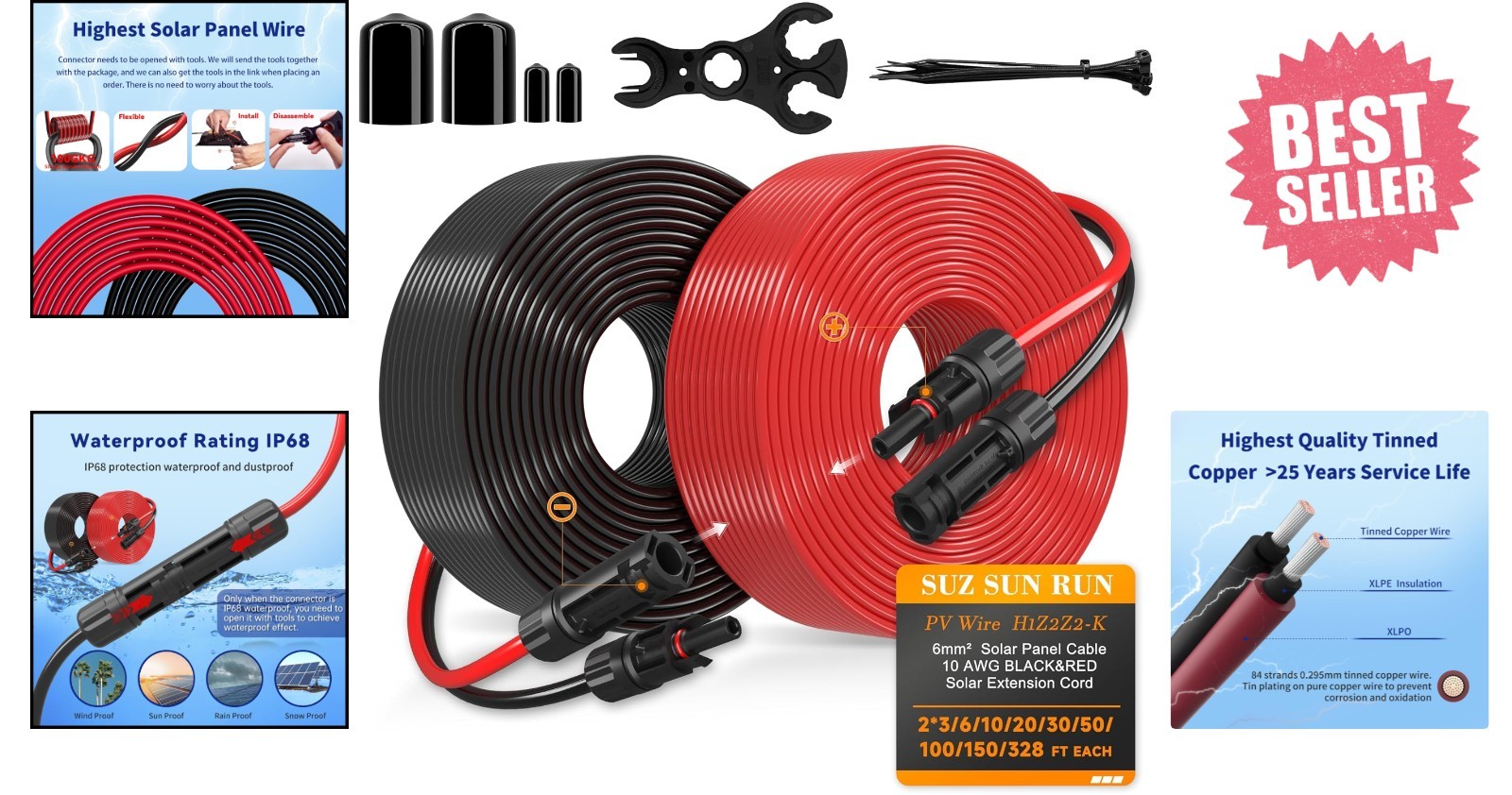 10 AWG Tinned Copper Solar Extension Cable with Waterproof Connectors – 10ft