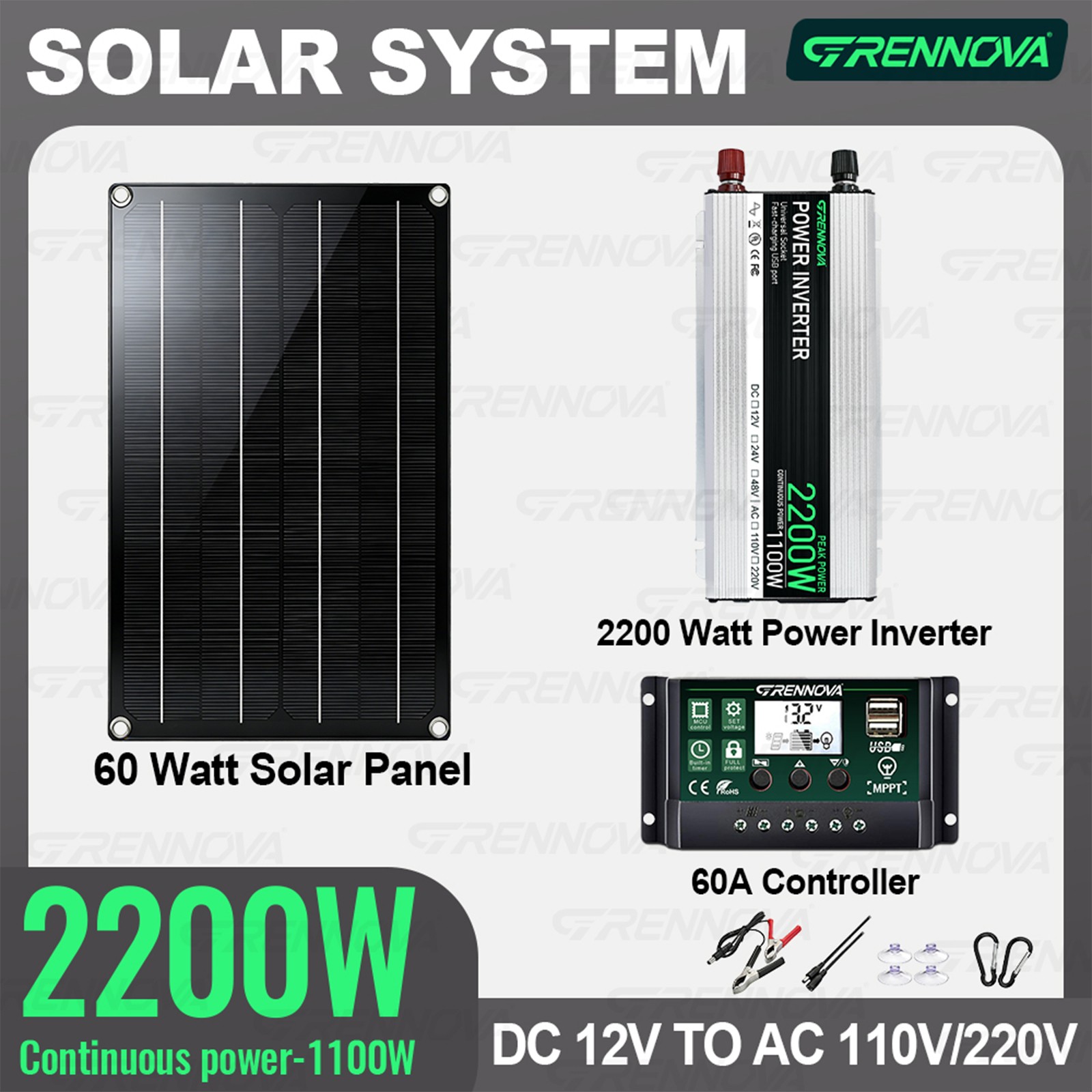 Grennova 2200W Real Power Off-Grid System 60W Panel 60A MPPT Dual Voltage