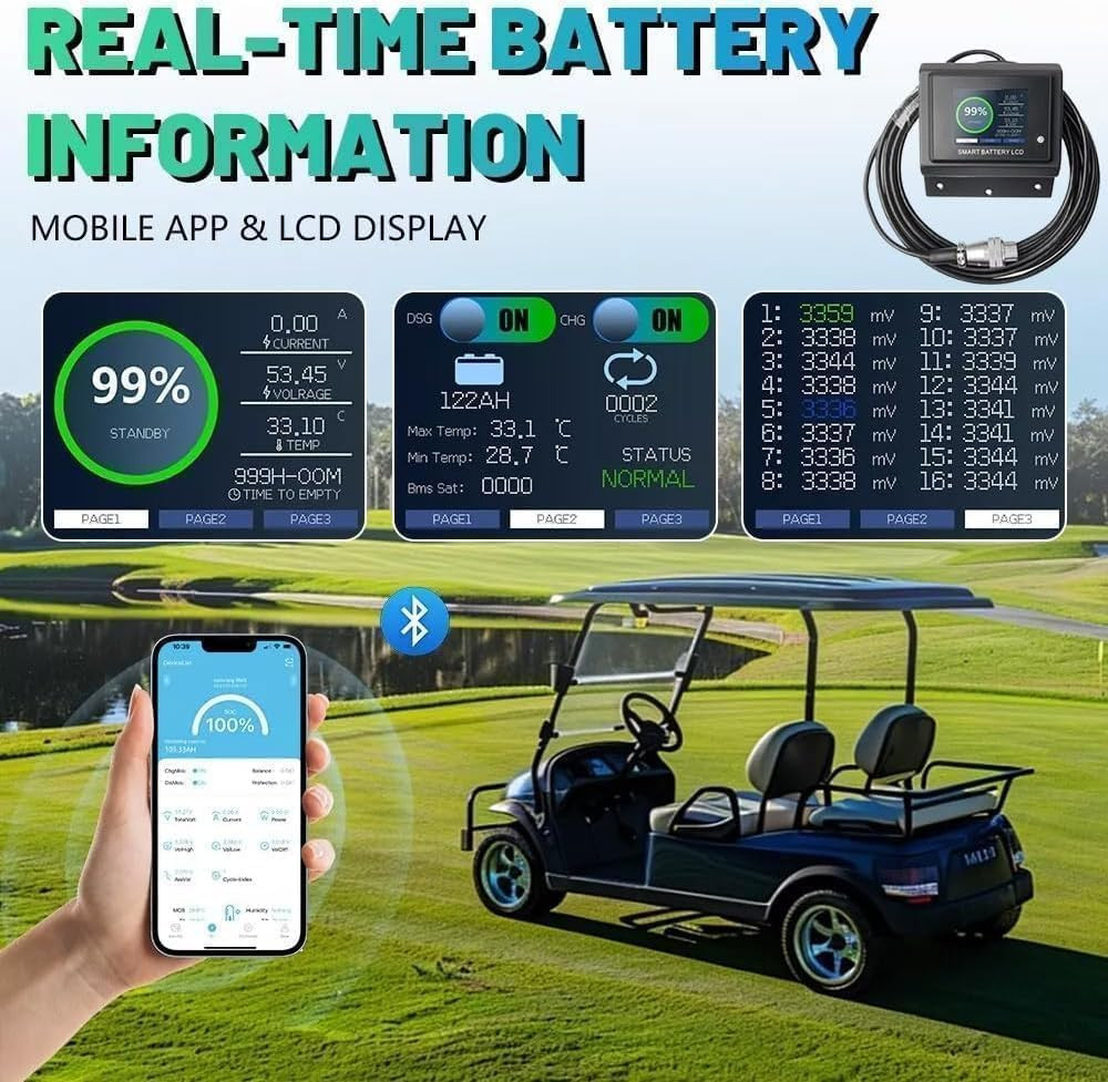 48V 300Ah Lithium Golf Cart Battery 200A BMS 6000+Cycles APP Charger Monitor Set