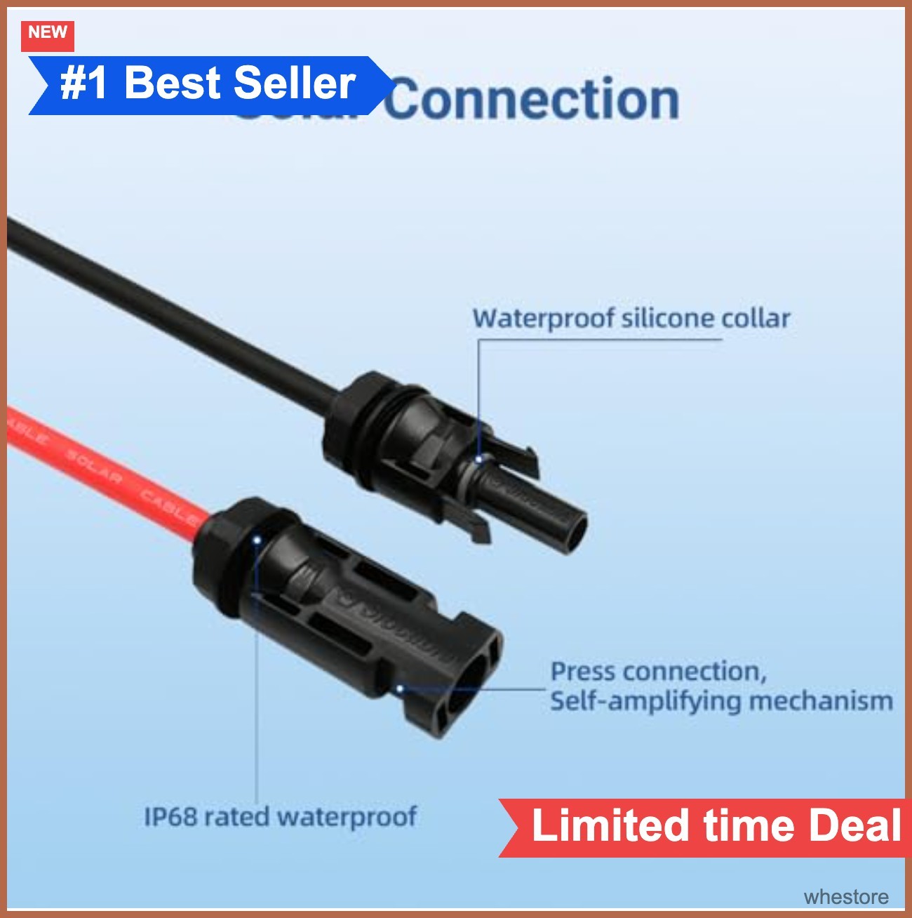 Solar Dual Cable Entry Housing IP68 UV Resistant 10AWG 3.28ft for RV Boat Solar