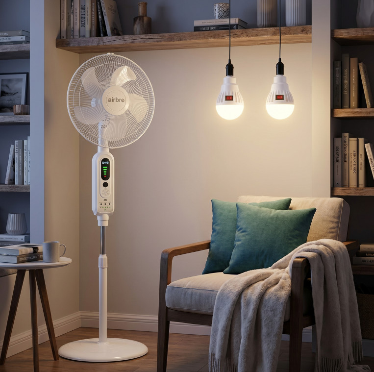16″ Rechargeable Floor Standing Fan + 2PCS LED Bulbs w/ Remote AC & Solar Charge