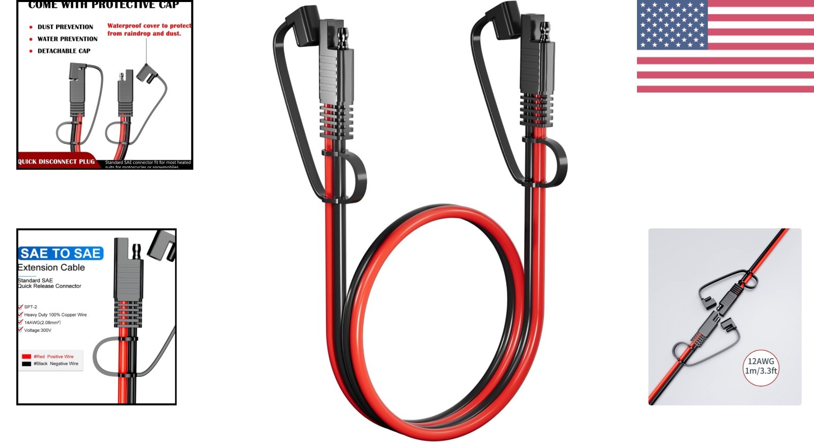 Durable 3.3FT SAE to SAE Extension Cord, 12AWG – Versatile Power for Vehicles