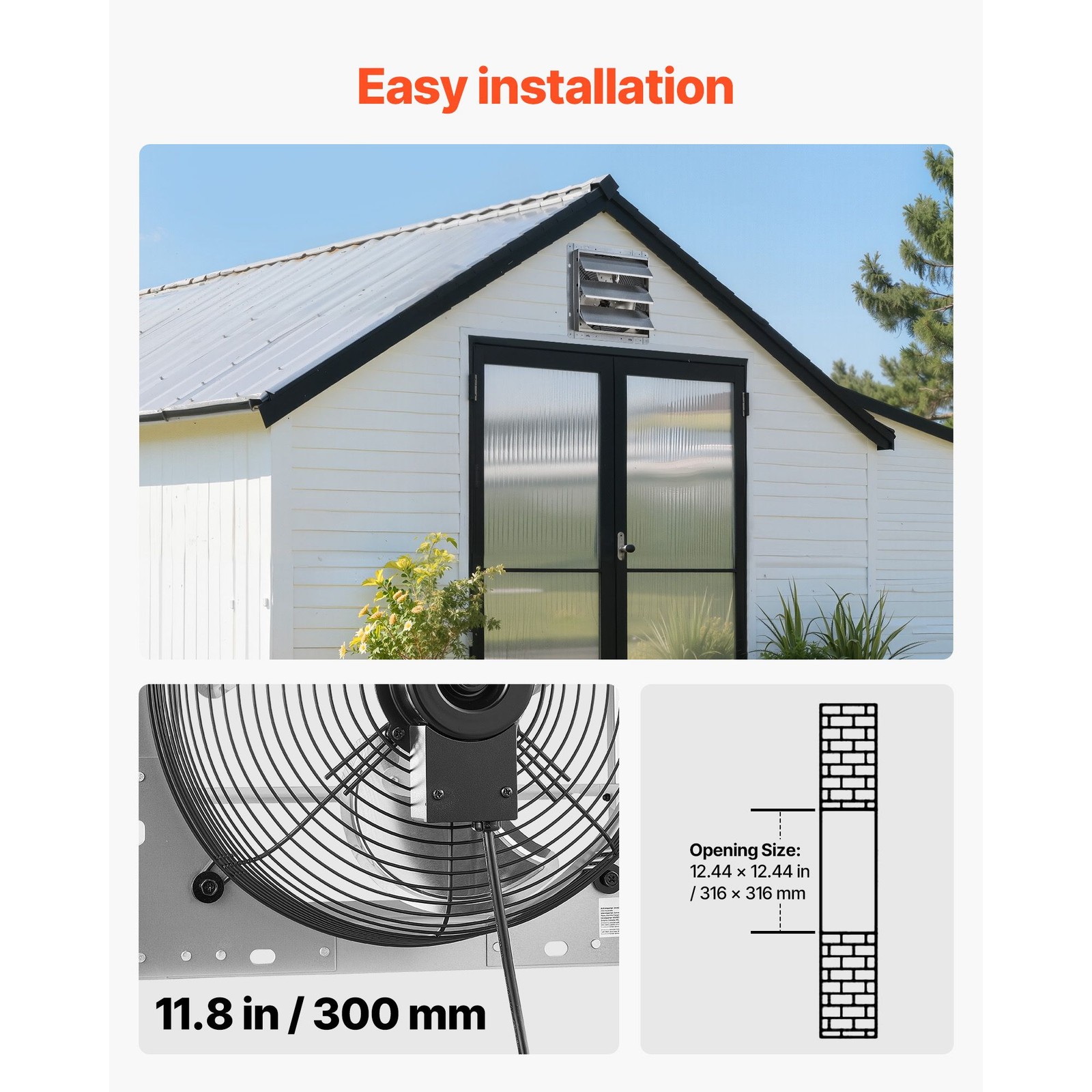 12 Inch Shutter Exhaust Fan Wall Mounted 1347 CFM Automatic Louvers, Sturdy