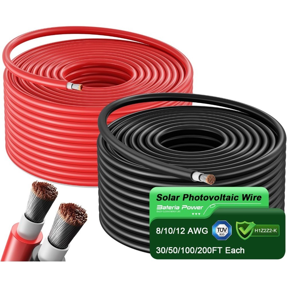 Solar Panel Extension Cable Kit 10 AWG 50 Feet Black and 50 Feet Red PV Wire