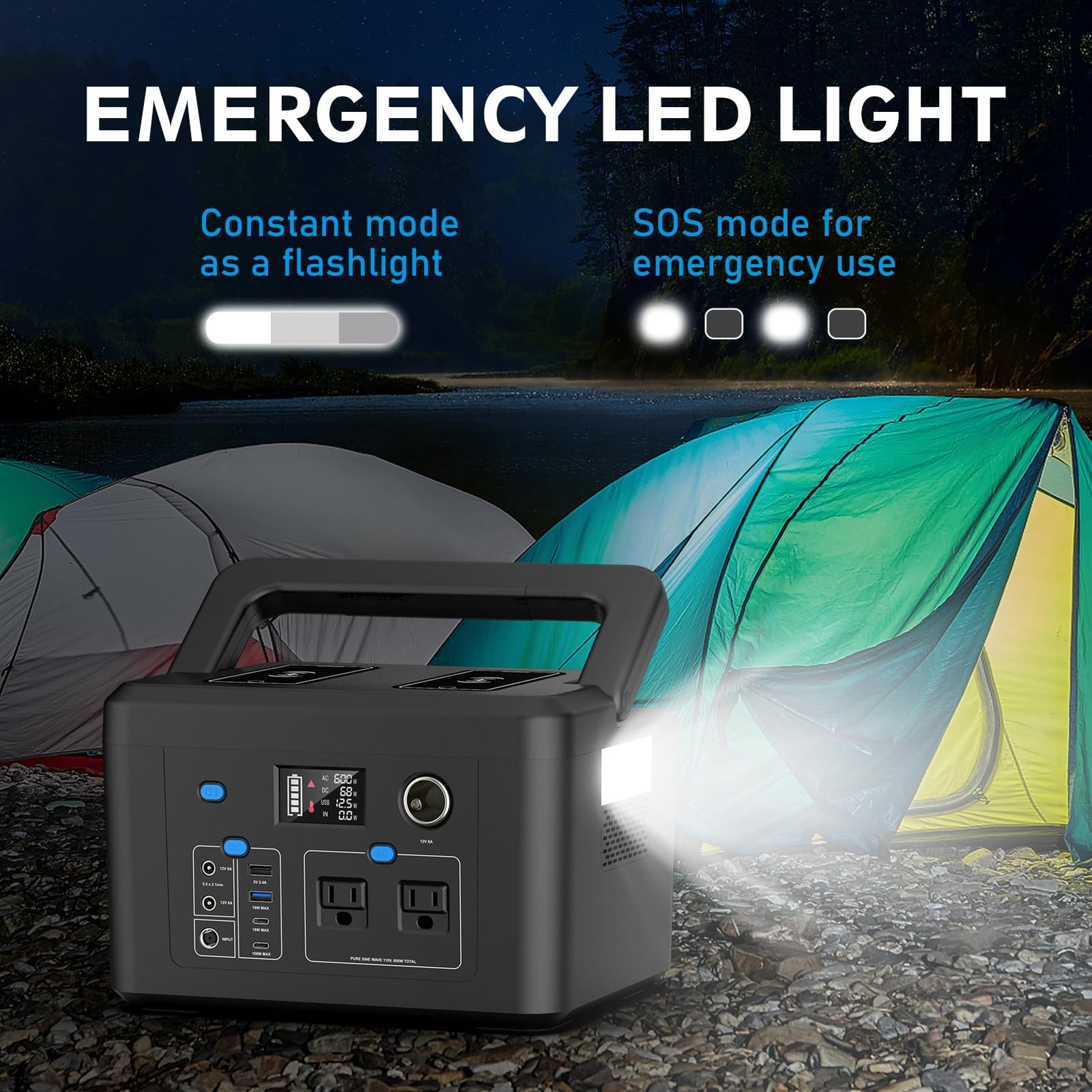 Portable Power Station 600W, 296Wh Battery Backup with 2 Pure Sine Wave AC Ou…