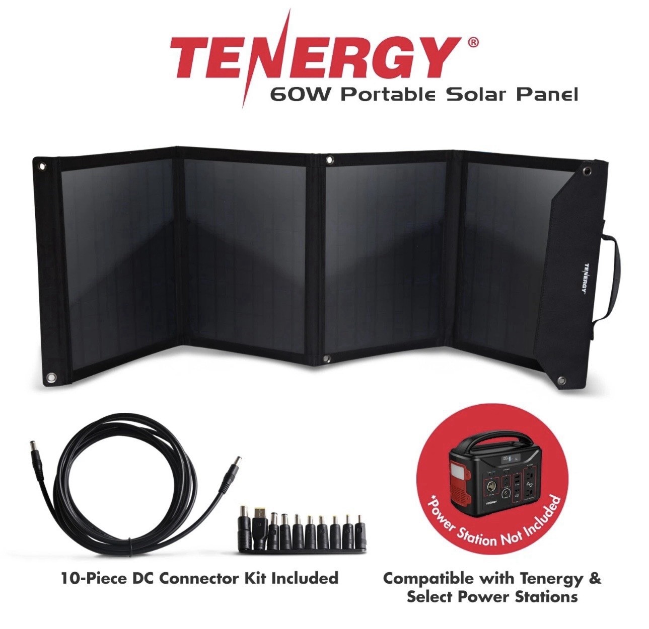 Tenergy Portable 60W Solar Panel Foldable Charger 18V Charging 5V USB CE ROHS