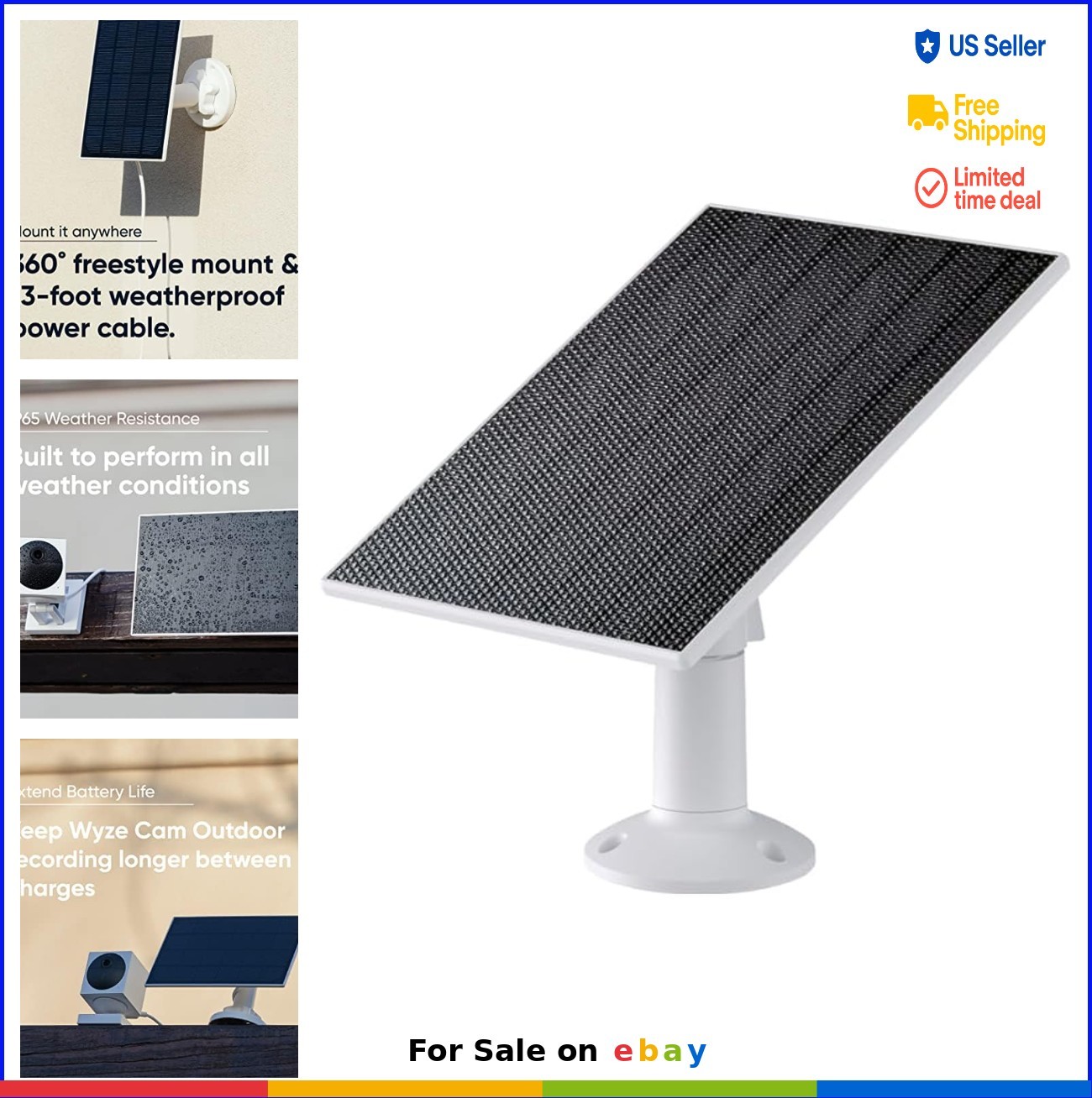 Solar Panel 2.5W 5V Weatherproof for Outdoor Cameras Continuous Power Charging