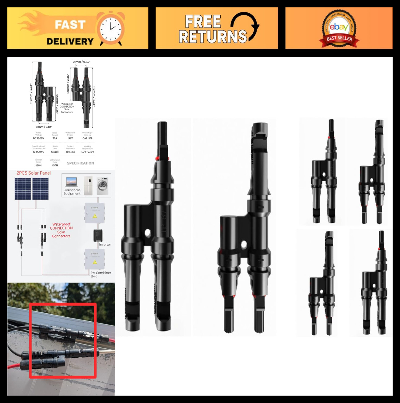 6PCS Solar Panel Y Connectors, M/FF+F/MM Parallel Connectors for Solar Cables